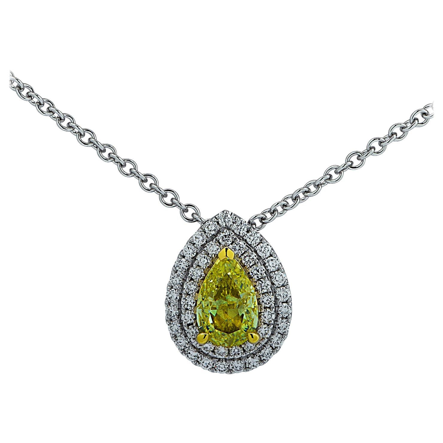 Vivid Diamonds GIA Certified 1.01 Carat Fancy Yellow Diamond Pendant Necklace For Sale