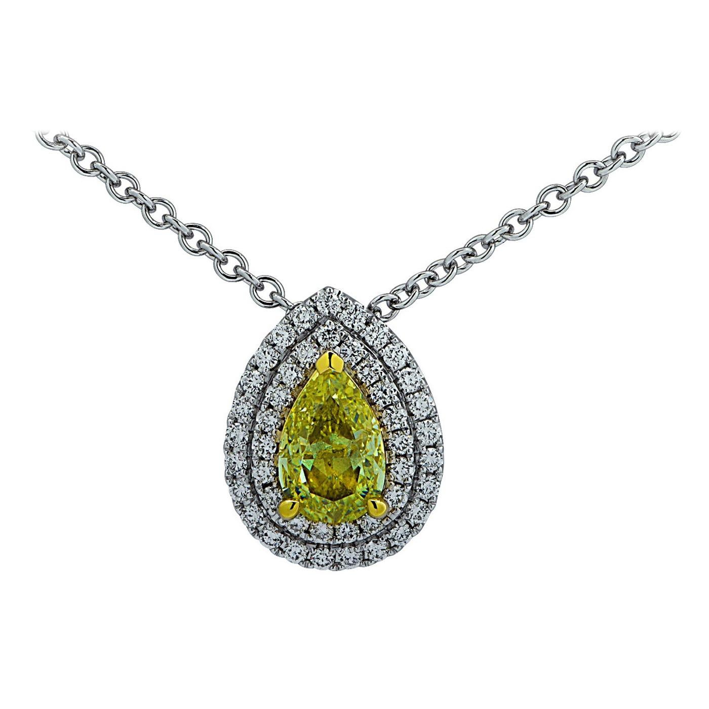 Vivid Diamonds GIA Certified 1.05 Carat Fancy Yellow Diamond Pendant Necklace For Sale