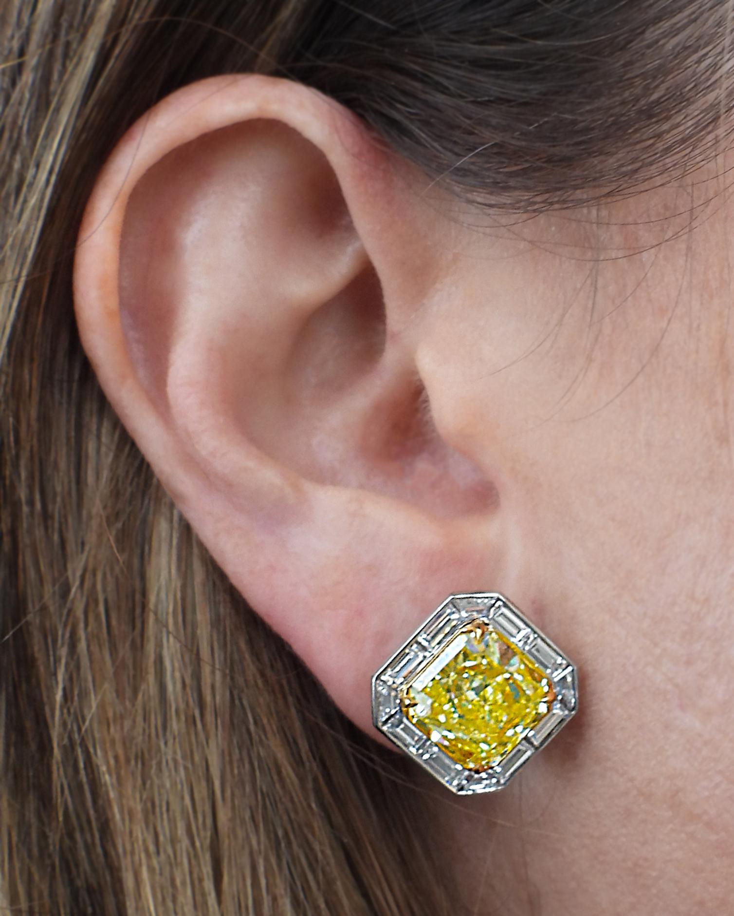 Radiant Cut Vivid Diamonds GIA Certified 10.61 Carat Fancy Intense Yellow Diamond Earrings For Sale