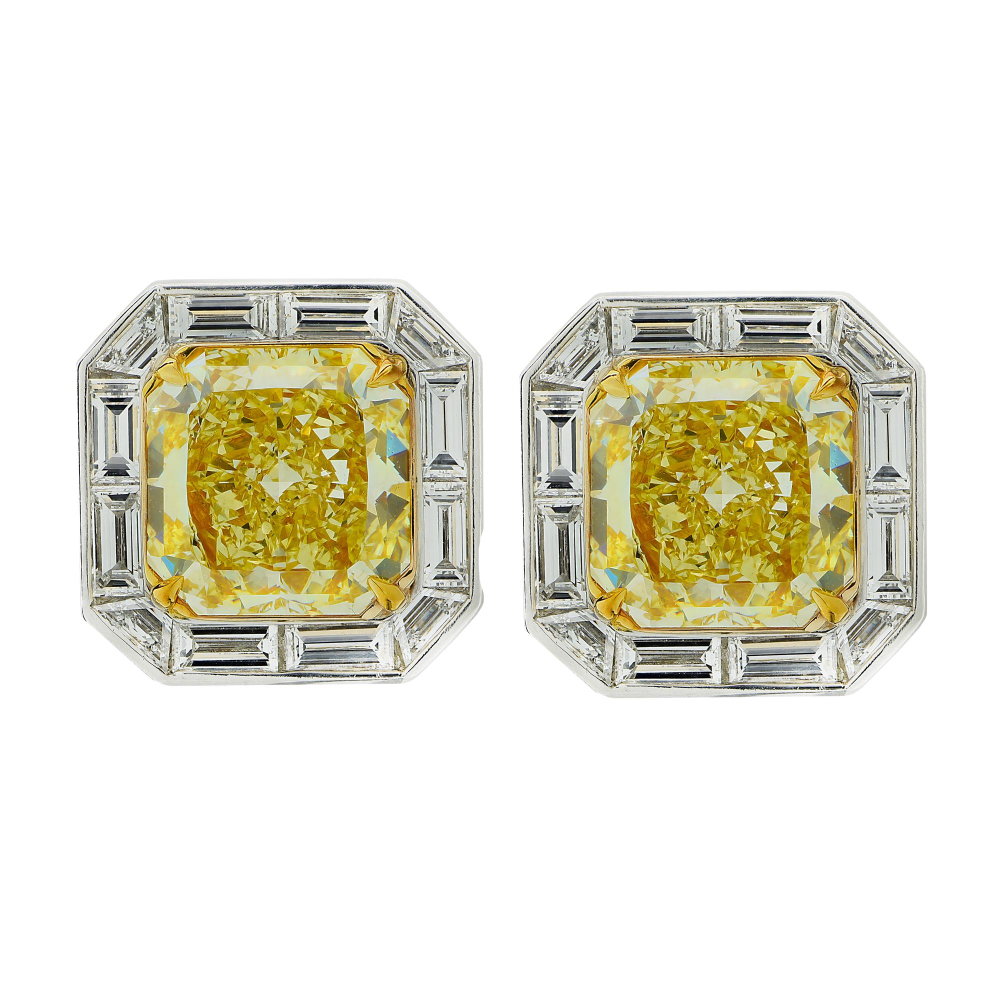 Vivid Diamonds GIA Certified 10.61 Carat Fancy Intense Yellow Diamond Earrings In New Condition For Sale In Miami, FL