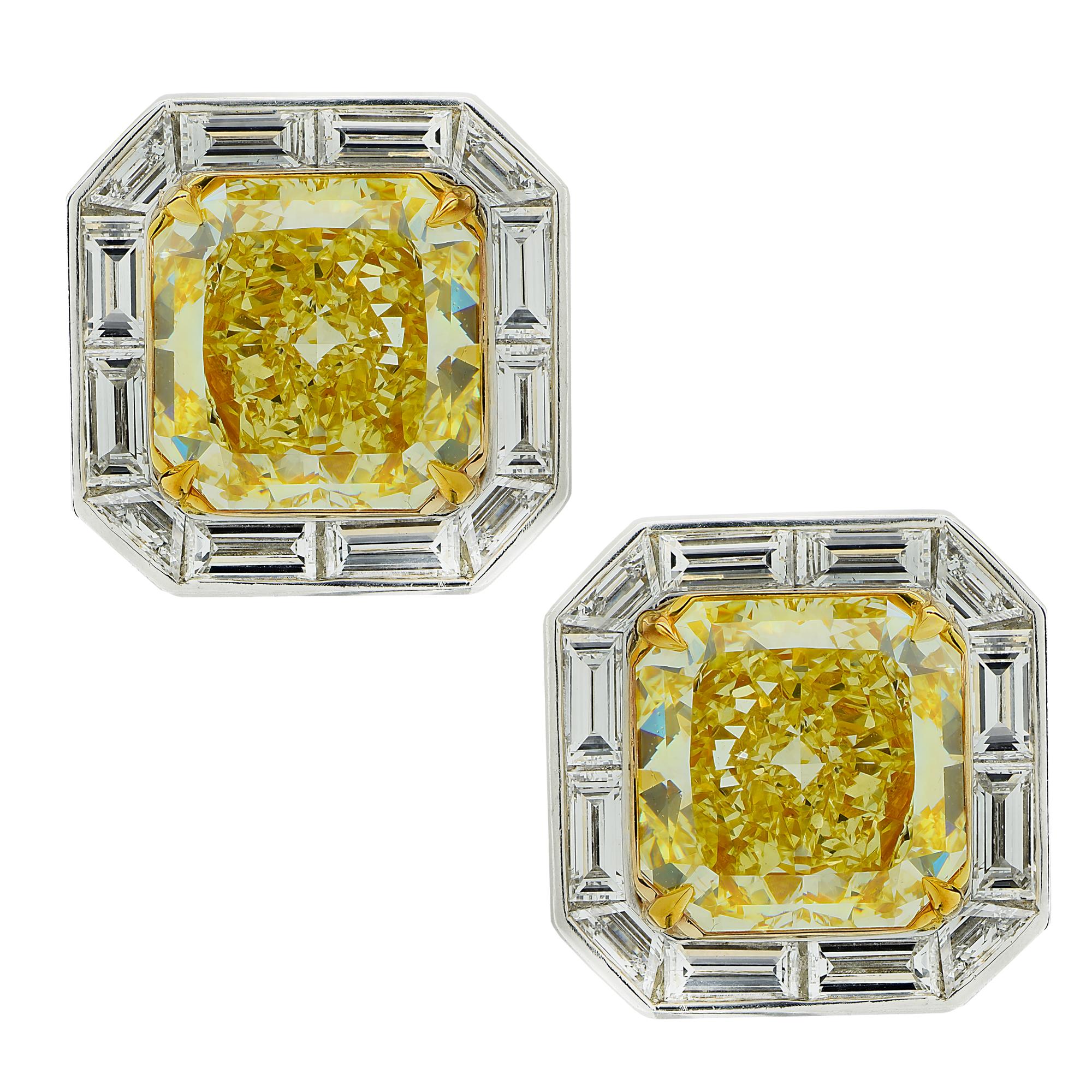 Women's or Men's Vivid Diamonds GIA Certified 10.61 Carat Fancy Intense Yellow Diamond Earrings For Sale