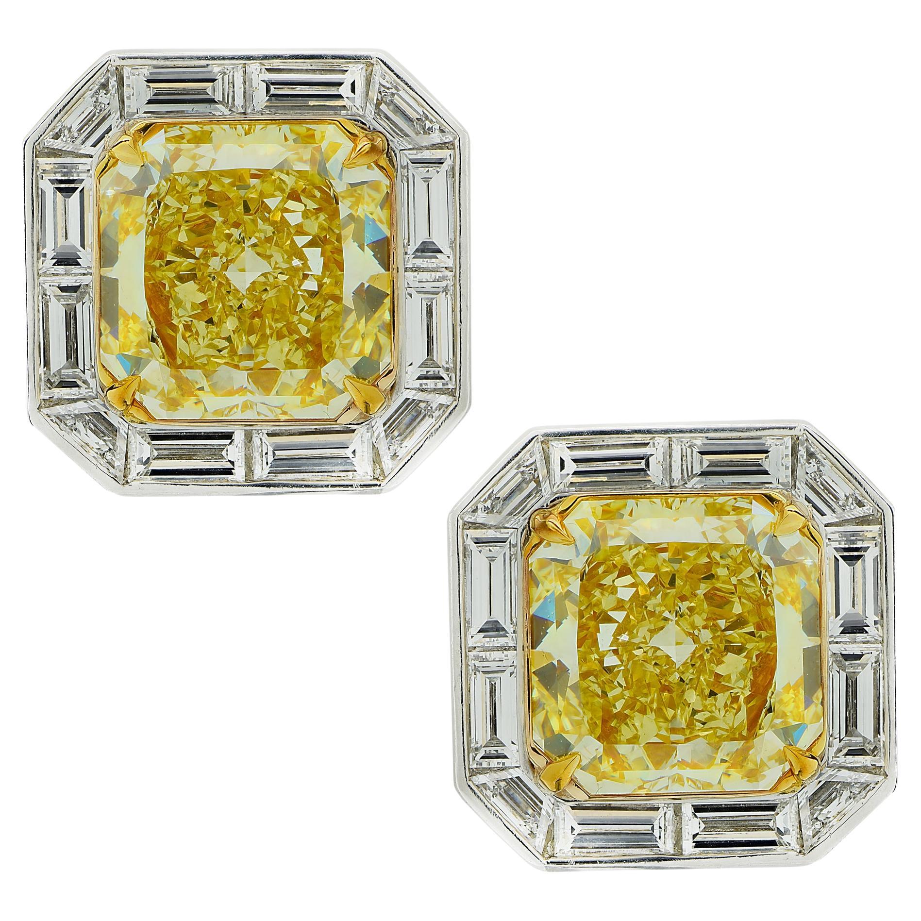 Vivid Diamonds GIA Certified 10.61 Carat Fancy Intense Yellow Diamond Earrings For Sale