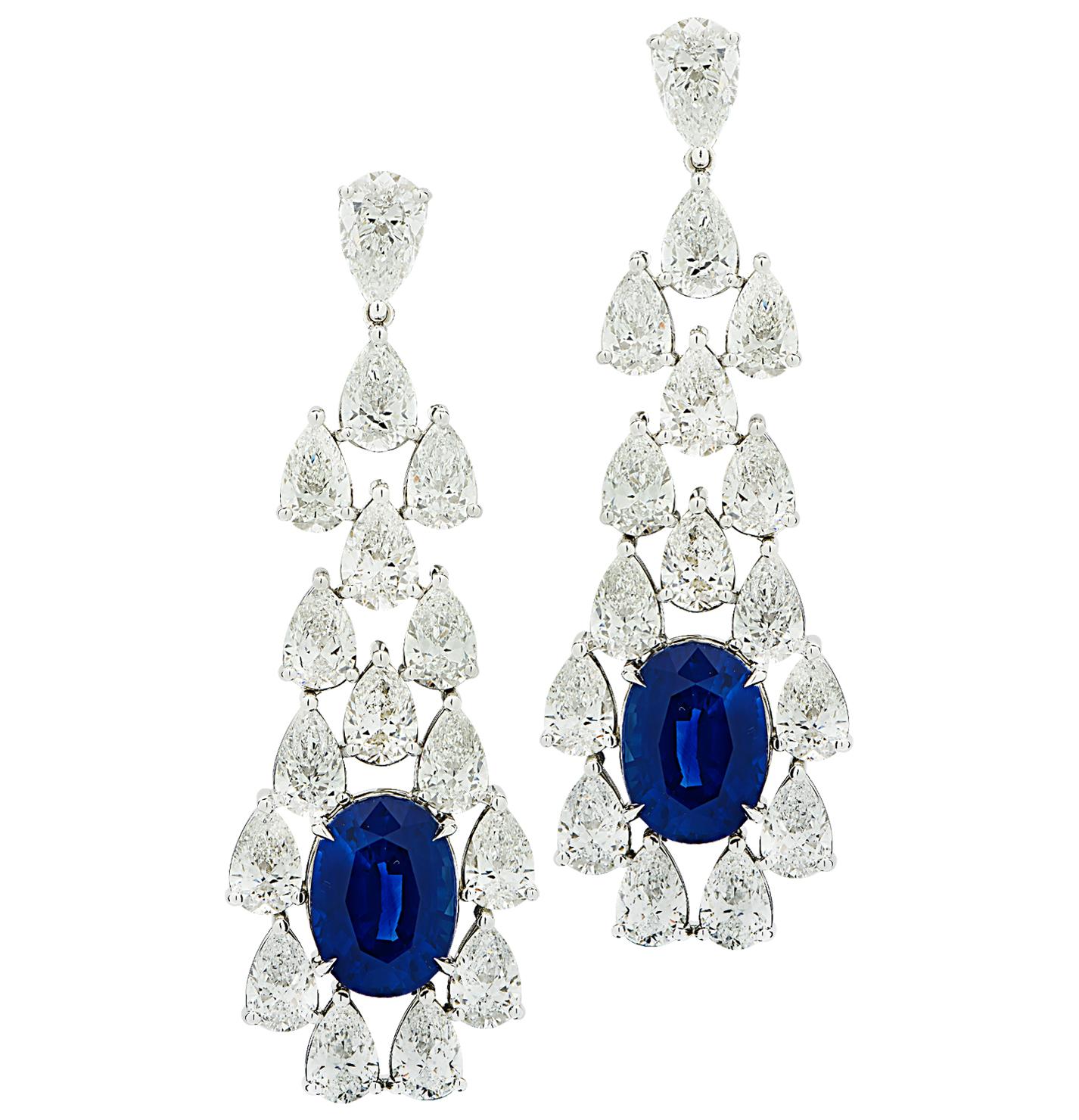 Oval Cut Vivid Diamonds GIA Certified 10.93 Carat Sapphire & Diamond Dangle Earrings For Sale