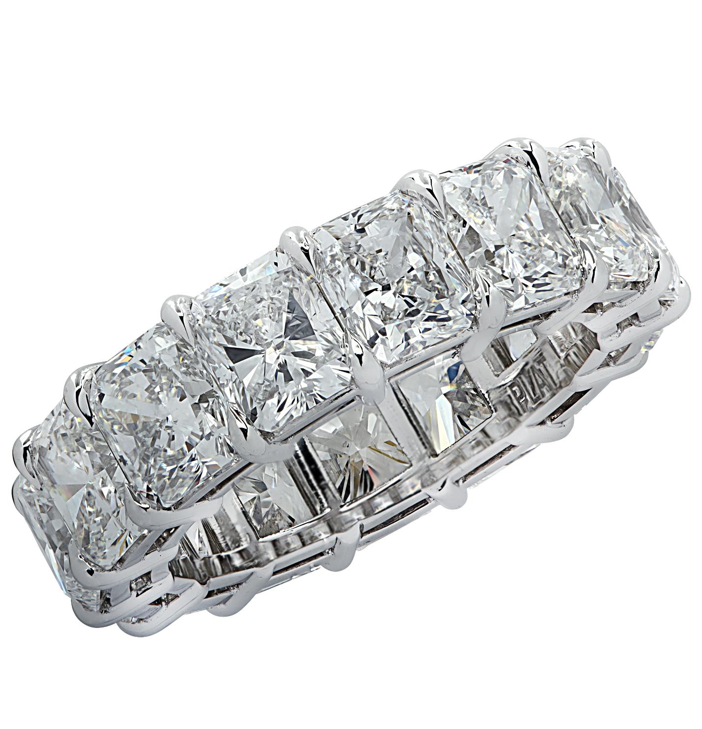 Breathtaking Vivid Diamonds Eternity Band finely crafted in platinum, featuring 15 exquisite GIA certified radiant cut diamonds weighing 11.09 carats total, D-F color, VVS-VS clarity. Each diamond was carefully selected, perfectly matched and set in
