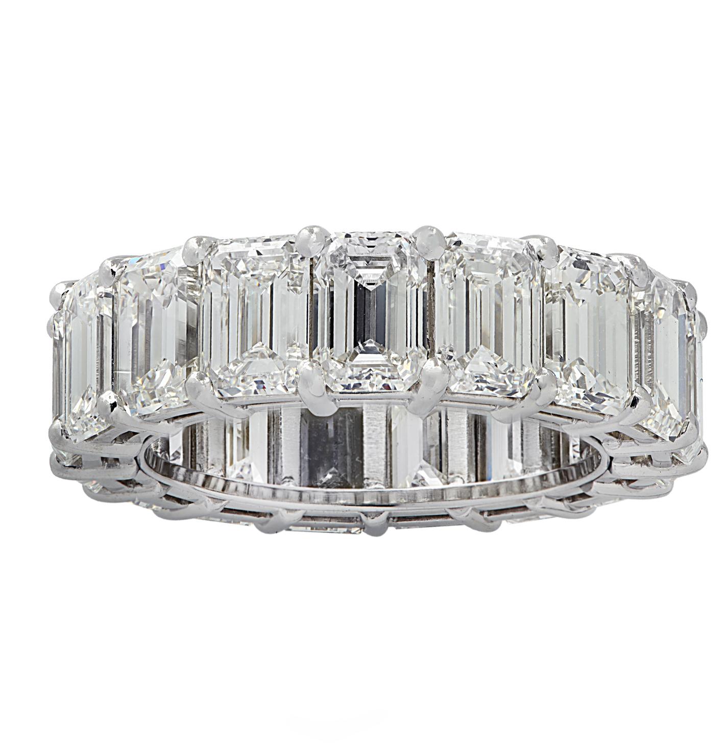 Exquisite Vivid Diamonds eternity band crafted by hand in Platinum, showcasing 16 stunning GIA Certified emerald cut diamonds weighing 11.50 carats total, G-I color, VVS1-VS2 clarity. Each diamond is carefully selected, perfectly matched and set in