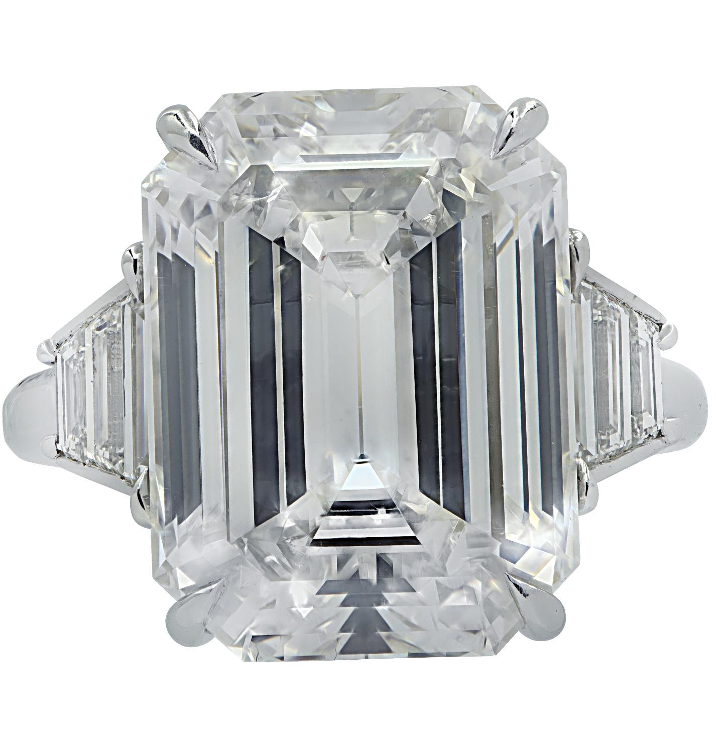 Modern Vivid Diamonds GIA Certified 11.78 Carat Emerald Cut Diamond Engagement Ring For Sale