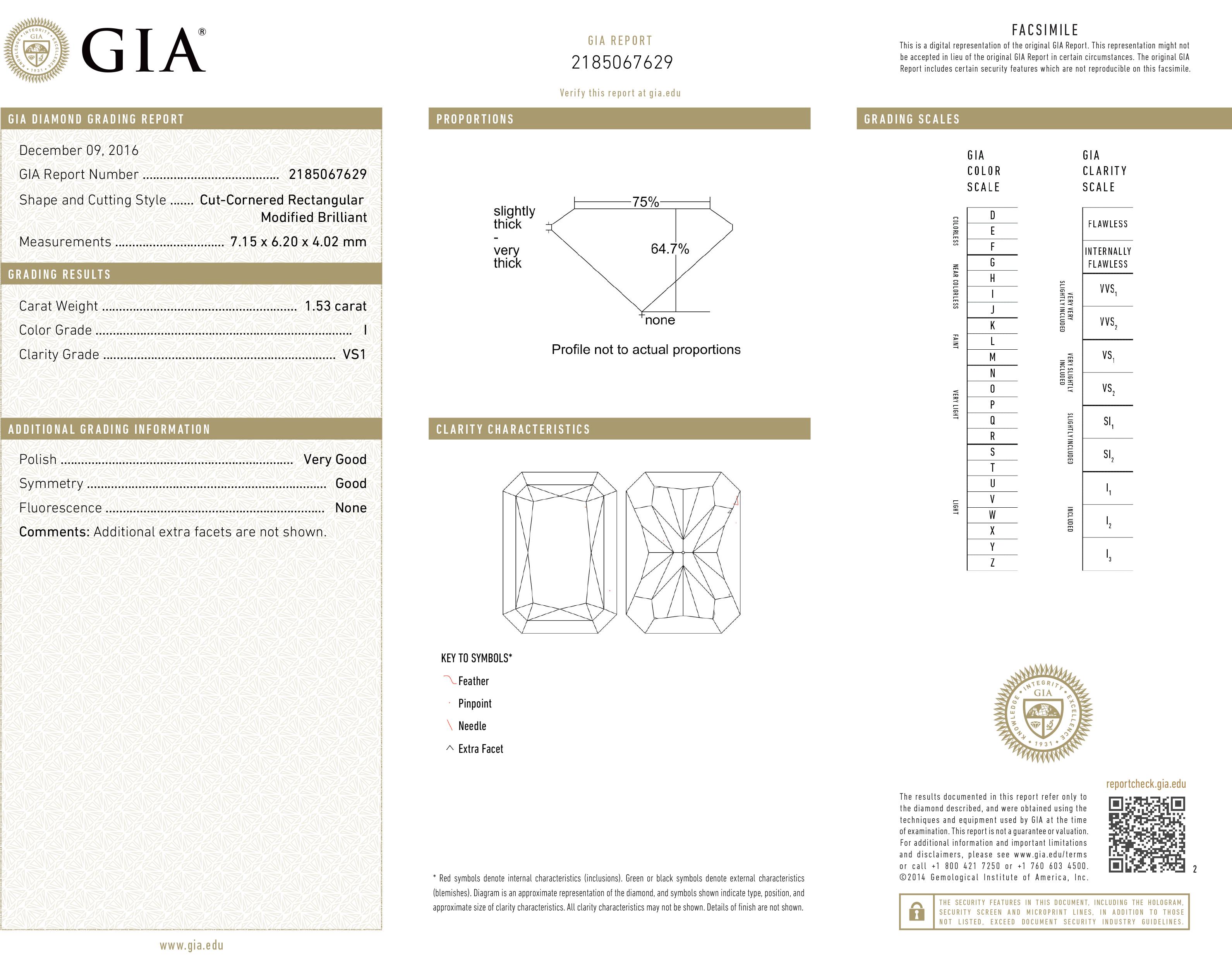 Vivid Diamonds halo ring, custom made in platinum, showcasing a GIA Certified radiant cut diamond weighing 1.53 carats, I color VS1 clarity accented with 46 round brilliant cut diamonds weighing .43 carats total, H color VS clarity. The face of this