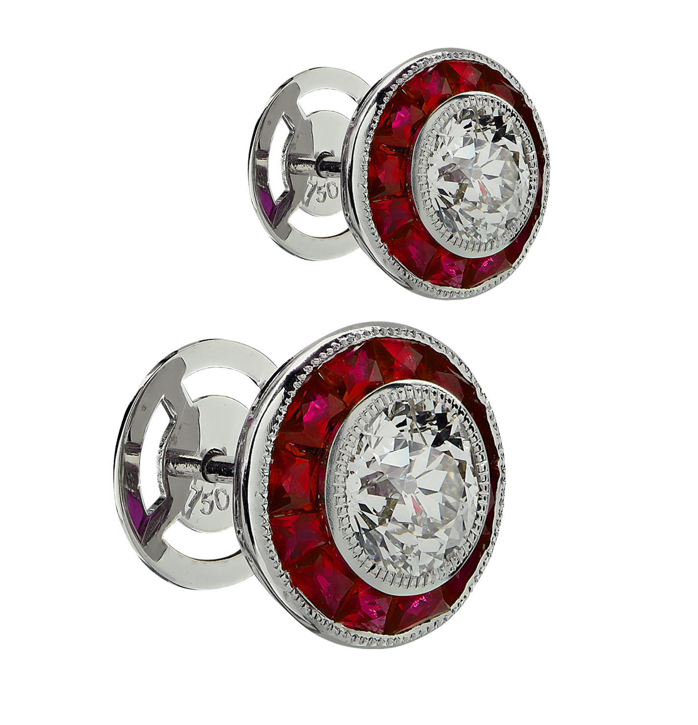 Vivid Diamonds GIA Certified 2.09 Carat Diamond and Ruby Stud Earrings In New Condition For Sale In Miami, FL