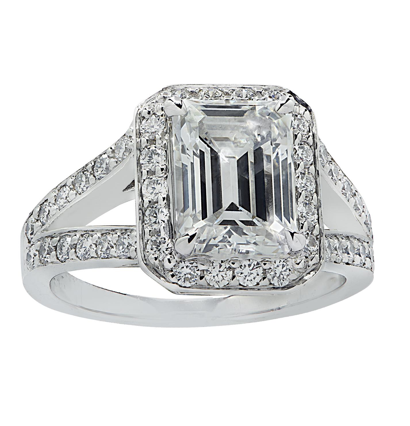 Emerald Cut Vivid Diamonds GIA Certified 2.14 Carat Diamond Halo Engagement Ring For Sale