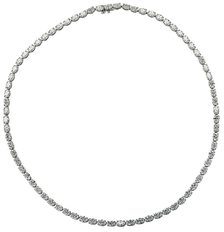 Oval Cut Vivid Diamonds GIA Certified 22.76 Carat Oval Diamond Tennis Necklace For Sale