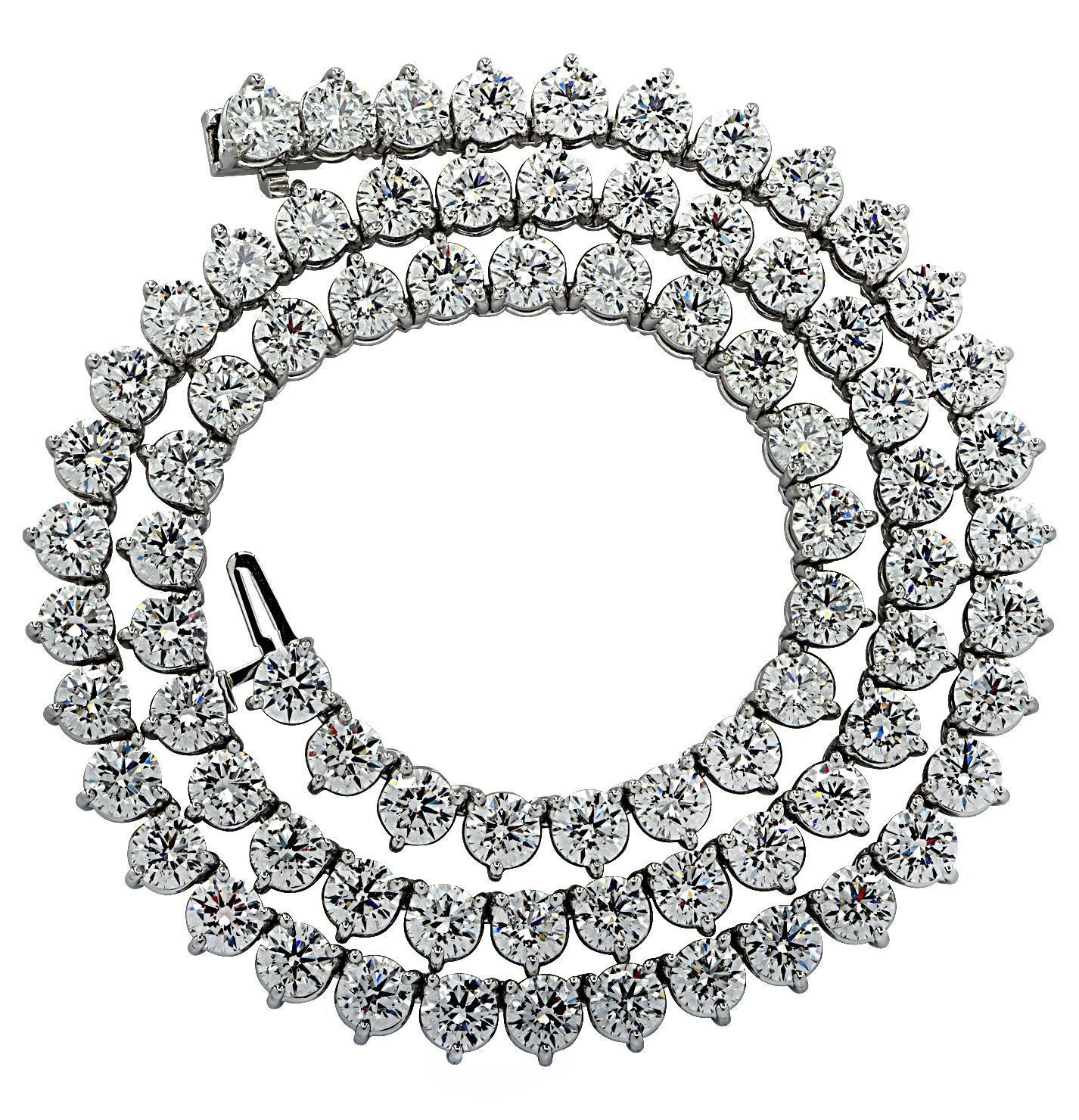 Spectacular Vivid Diamonds Straight Line diamond tennis necklace crafted in  platinum, showcasing 80 GIA certified round brilliant cut diamonds weighing 32.41 carats total, H-I color, SI Clarity. Each GIA certified diamond was carefully selected,