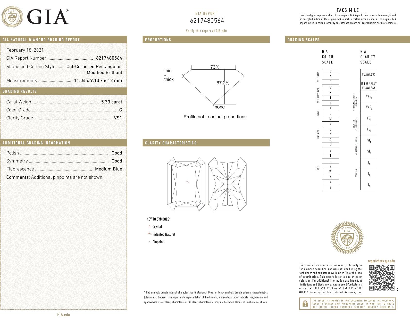 Sensational Vivid Diamonds Engagement ring crafted in platinum, showcasing a spectacular GIA Certified Radiant cut diamond weighing 5.33 carats, G Color, VS1 clarity, accompanied by two trapezoids weighing 1.17 carats total, F color, VS-SI clarity.