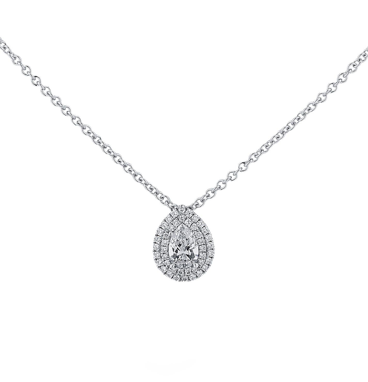 Modern Vivid Diamonds GIA Certified .59 Carat Pear Shape Double Halo Diamond Necklace