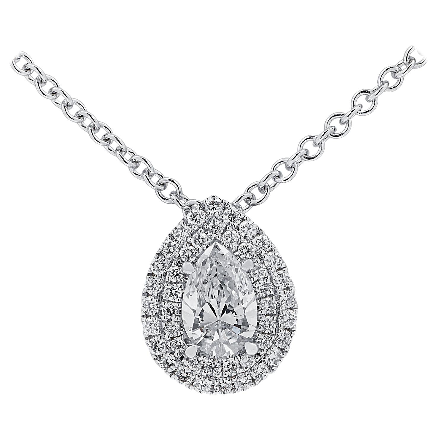 Vivid Diamonds GIA Certified .59 Carat Pear Shape Double Halo Diamond Necklace