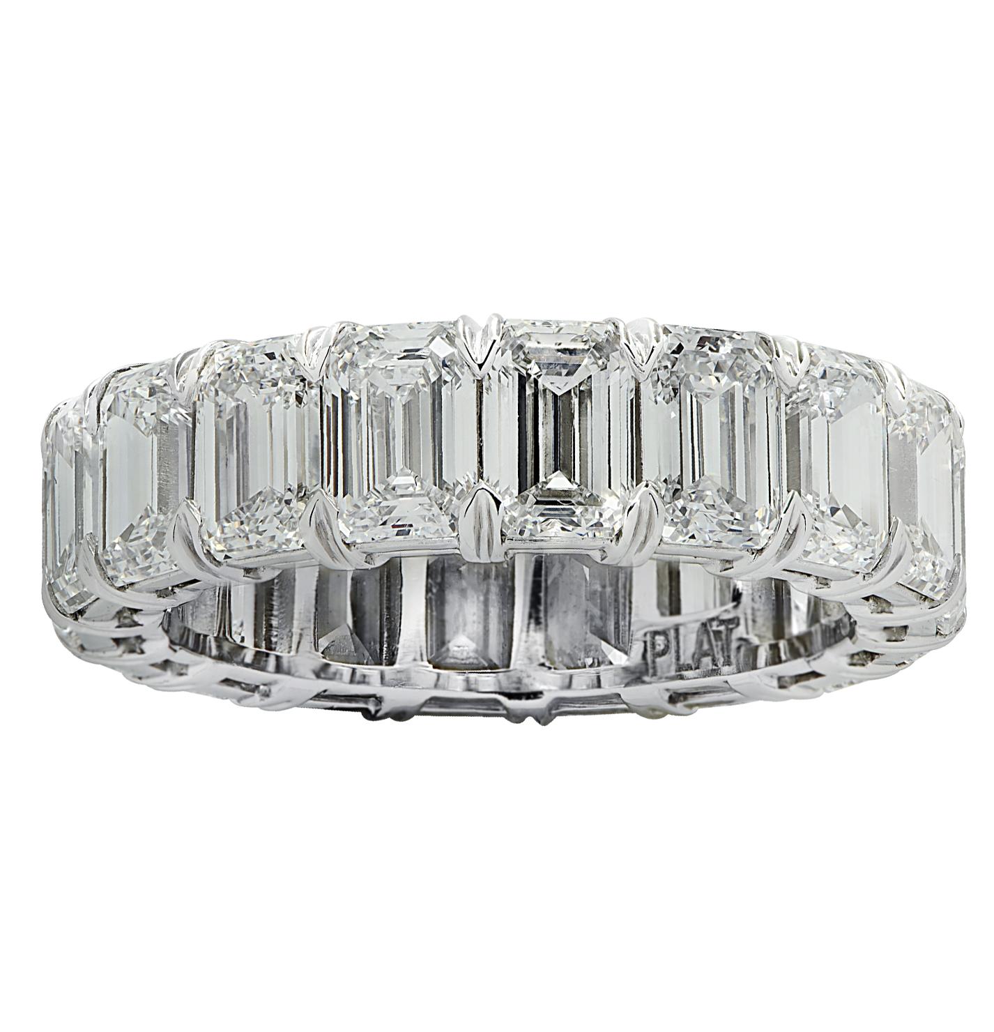 Vivid Diamonds eternity band crafted in platinum, showcasing 18  spectacular GIA Certified emerald cut diamonds, weighing 6.48 carats total, D-F color, VVS2-VS2 clarity. Each diamond was carefully selected, perfectly matched and set in a seamless