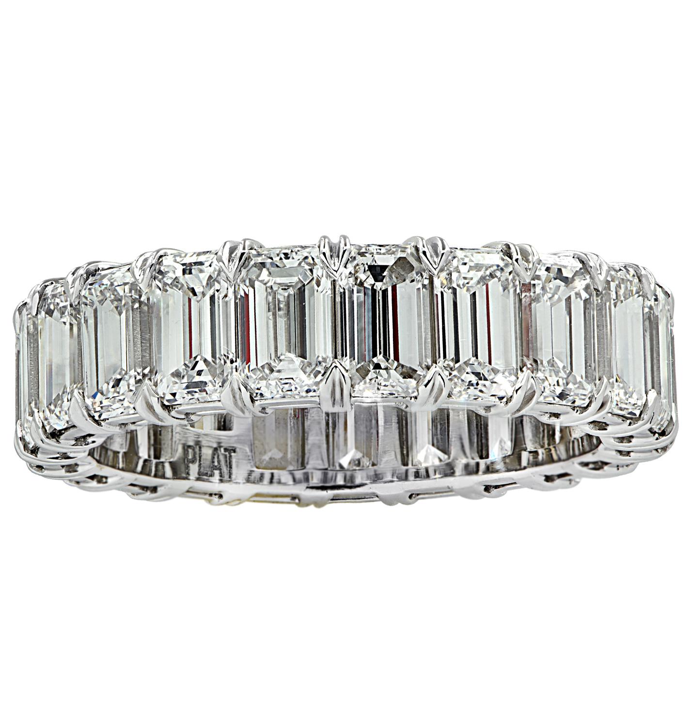 Exquisite Vivid Diamonds eternity band crafted in Platinum, showcasing 19 stunning GIA Certified emerald cut diamonds weighing 6.62 carats total, D-F color, VS clarity. Each diamond was carefully selected, perfectly matched and set in a seamless sea