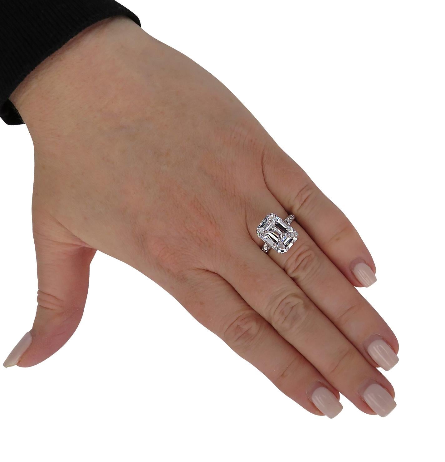 Modern Vivid Diamonds GIA Certified 7.23 Carat Emerald Cut Diamond Engagement Ring For Sale