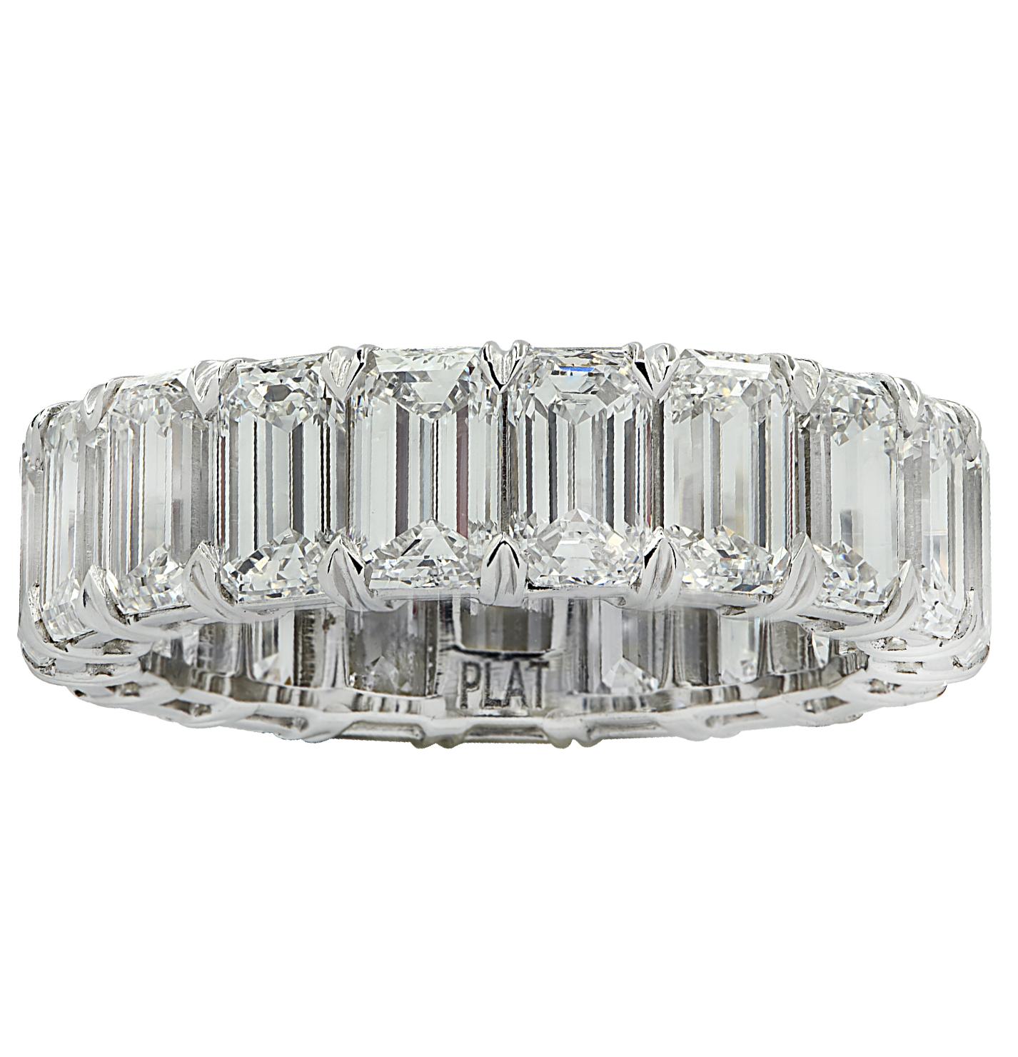 Exquisite Vivid Diamonds eternity band crafted in Platinum, showcasing 19 stunning GIA Certified emerald cut diamonds weighing 7.68 carats total, D-F color, VVS-VS clarity. Each diamond was carefully selected, perfectly matched and set in a seamless