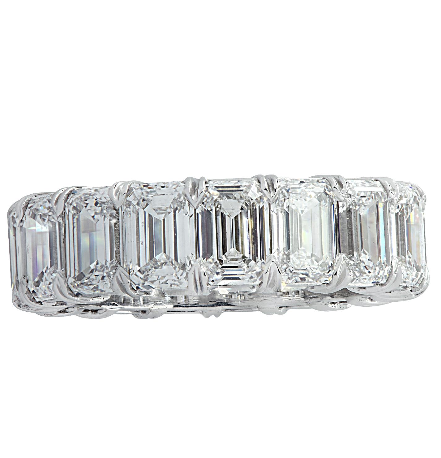 Vivid Diamonds eternity band crafted by hand in platinum, showcasing 17 spectacular GIA certified emerald cut diamonds weighing 7.73 carats total, D-E color, IF- VS2 clarity. Each diamond was carefully selected, perfectly matched and set in a