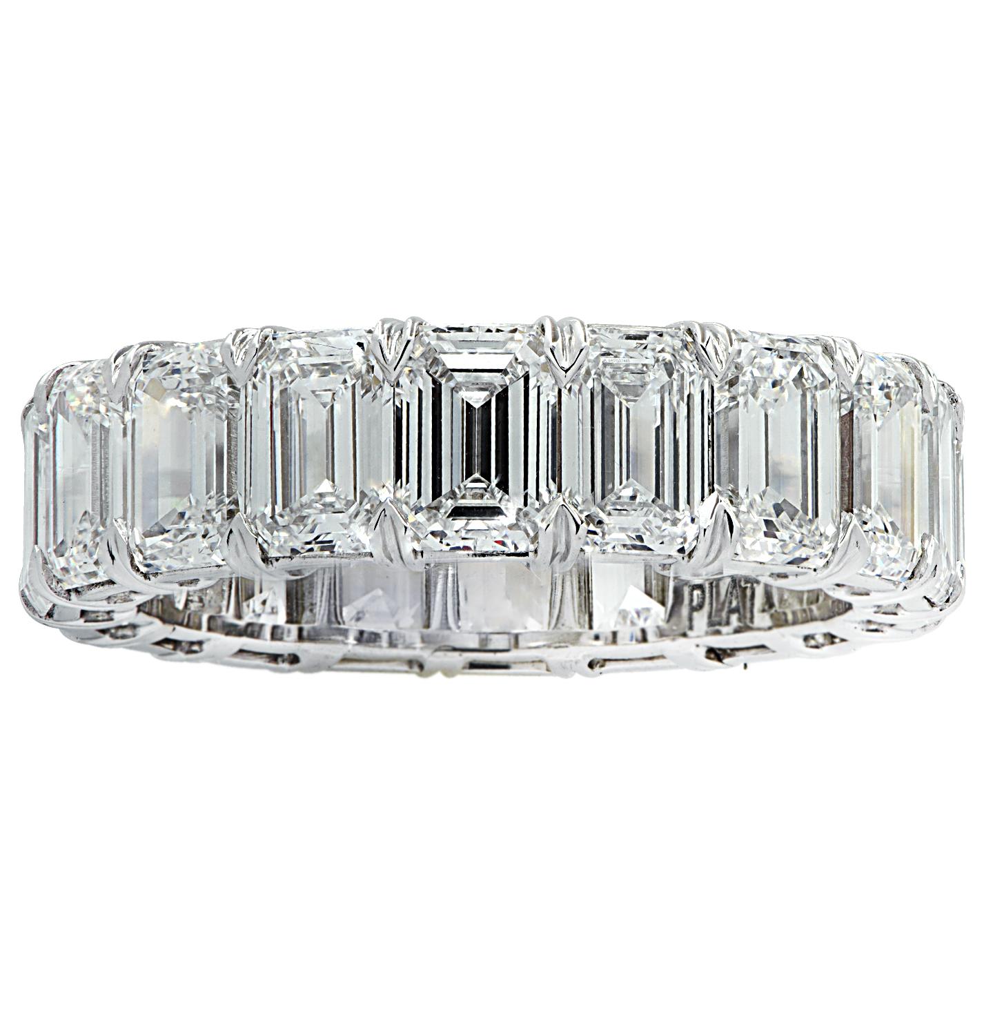 Exquisite Vivid Diamonds eternity band crafted in Platinum, showcasing 18 stunning GIA Certified emerald cut diamonds weighing 7.88 carats total, D-F color, VVS-VS clarity. Each diamond was carefully selected, perfectly matched and set in a seamless