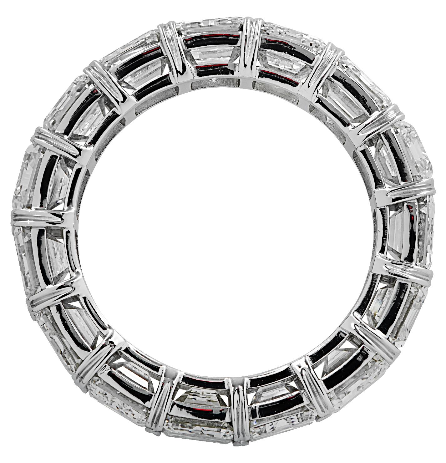 Exquisite eternity band crafted in Platinum, showcasing 17 stunning GIA Certified emerald cut diamonds weighing 9.03 carats total, D-F color, IF-VS clarity. Each diamond was carefully selected, perfectly matched and set in a seamless sea of