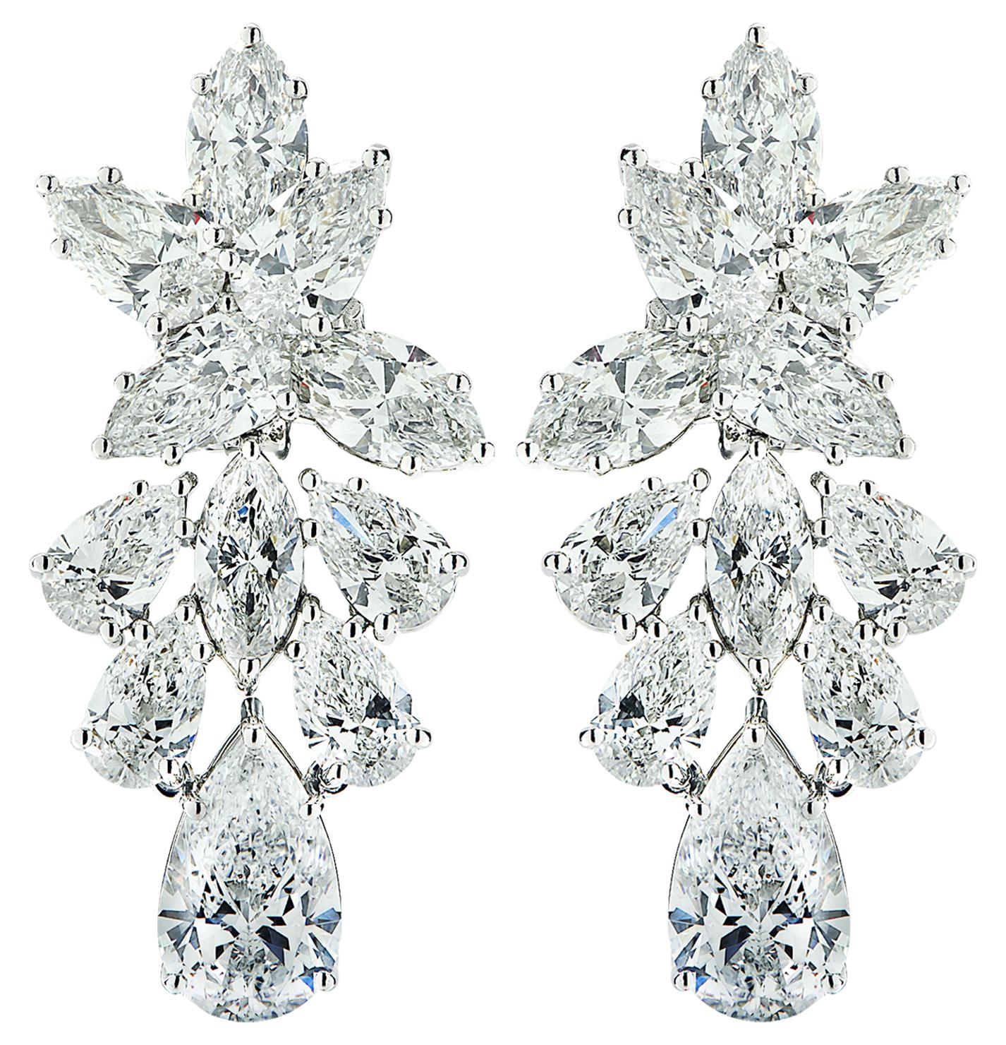 Sensational Vivid Diamonds diamond dangle earrings, finely crafted by hand in platinum, showcasing a spectacular collection of GIA certified pear shape diamonds and marquise cut diamonds weighing 15.85 carats total, D-F color, VS-SI clarity, The