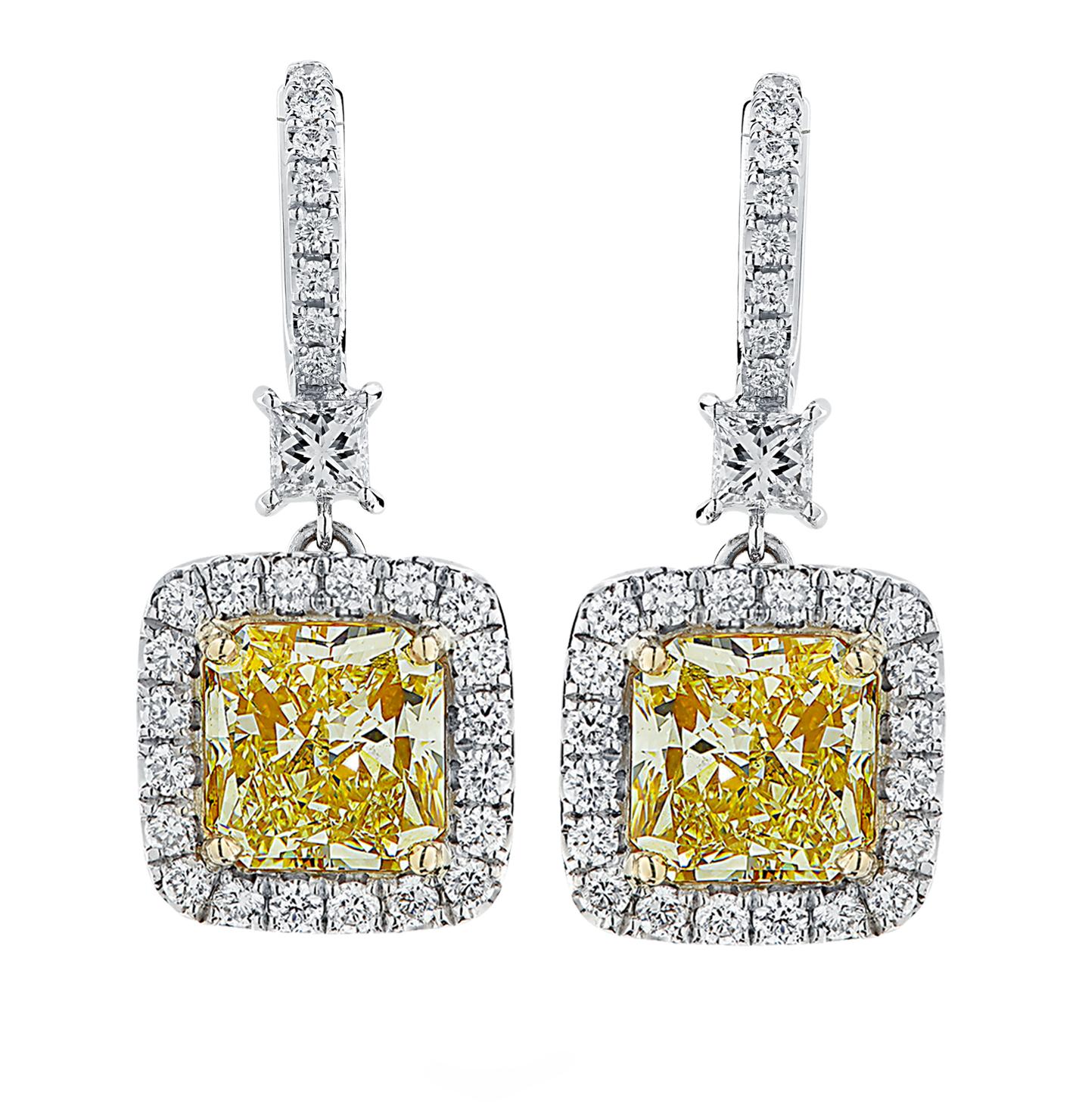 Modern Vivid Diamonds GIA Certified Yellow Diamond Dangle Earrings