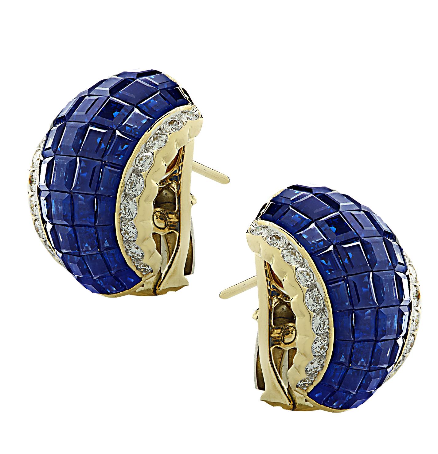Spectacular Vivid Diamonds Sapphire and Diamond clip on earrings crafted in 18 carat yellow gold, showcasing 90 exquisite sapphires weighing 11 carats total , and 36, round brilliant cut diamonds weighing approximately 1.00 carats total, F color,