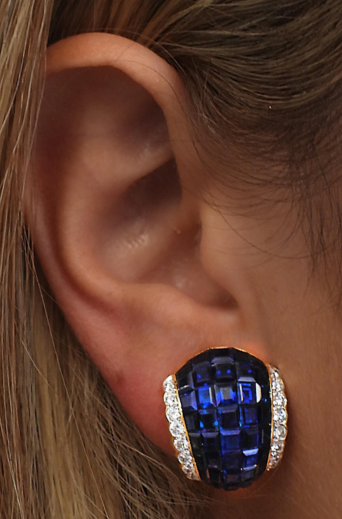Modern Vivid Diamonds Invisible Set Sapphire and Diamond Clip On Earrings