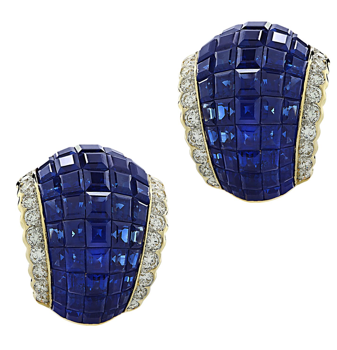 Vivid Diamonds Invisible Set Sapphire and Diamond Clip On Earrings In Good Condition In Miami, FL