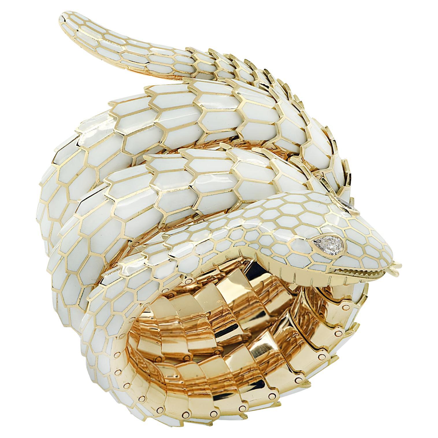 Vivid Diamonds Italian Diamond & Enamel Triple Wrap Snake Bracelet  For Sale