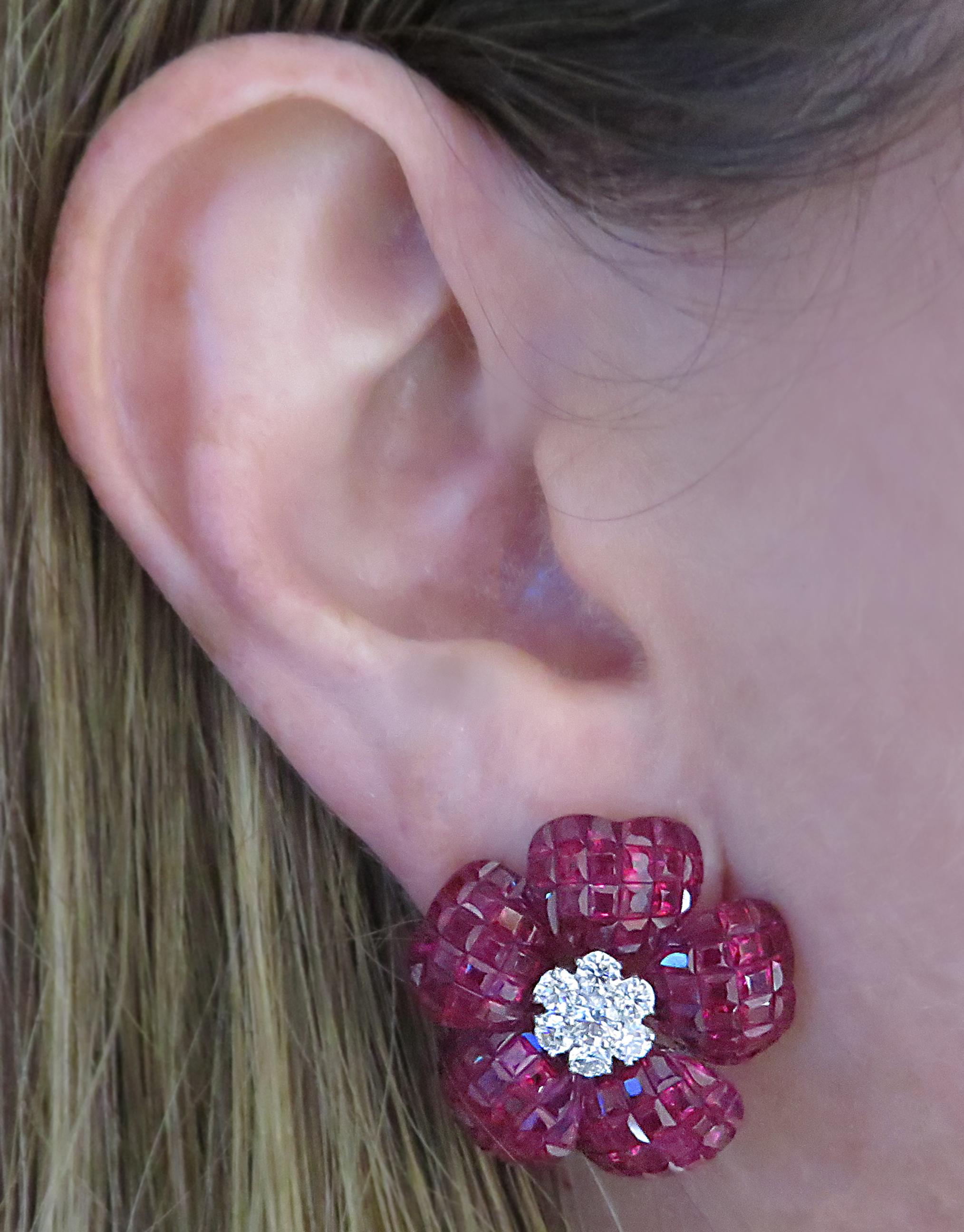 Modern Vivid Diamonds Ruby and Diamond Flower Stud Earrings
