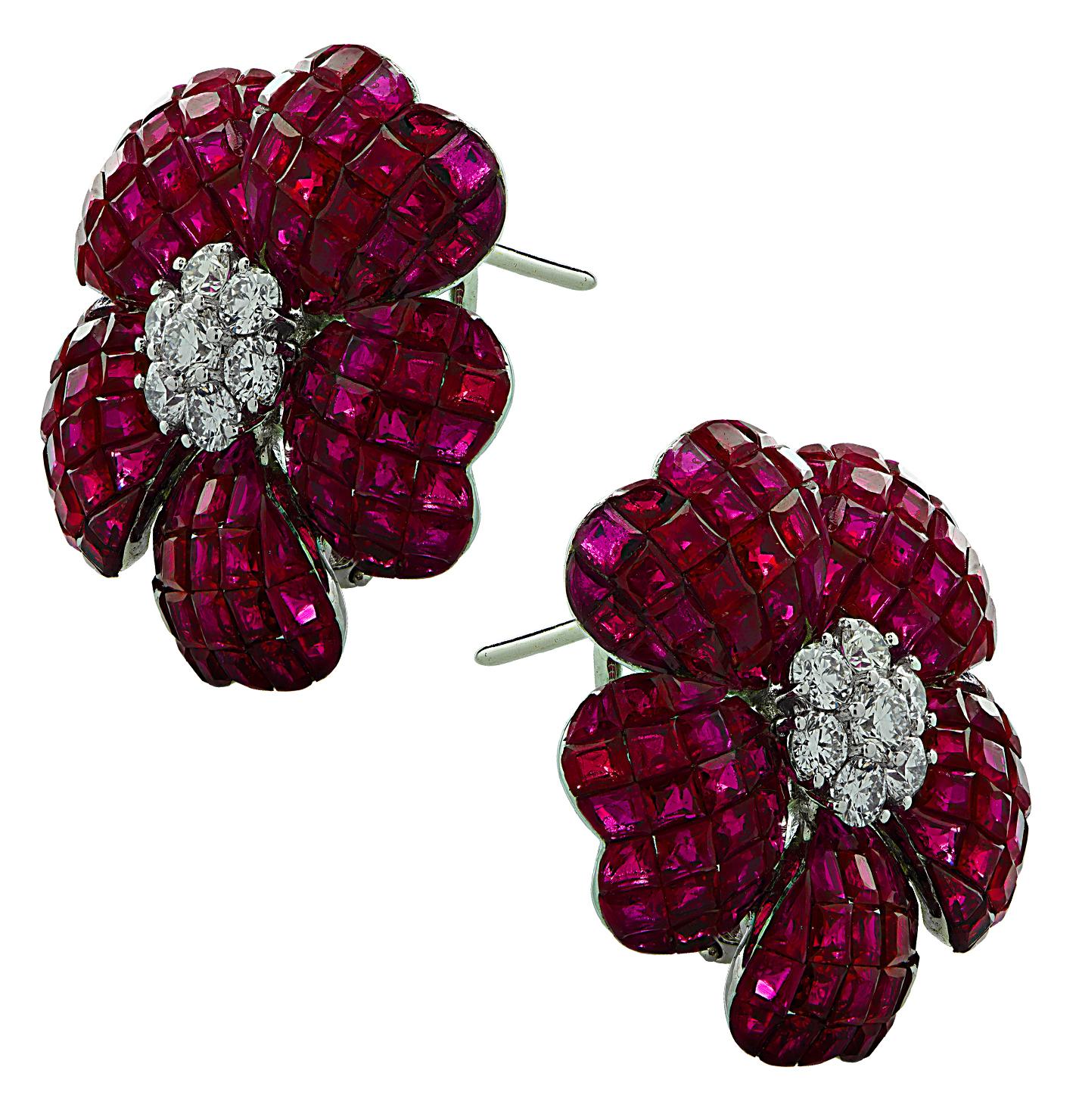 French Cut Vivid Diamonds Ruby and Diamond Flower Stud Earrings