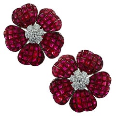 Vivid Diamonds Ruby and Diamond Flower Stud Earrings