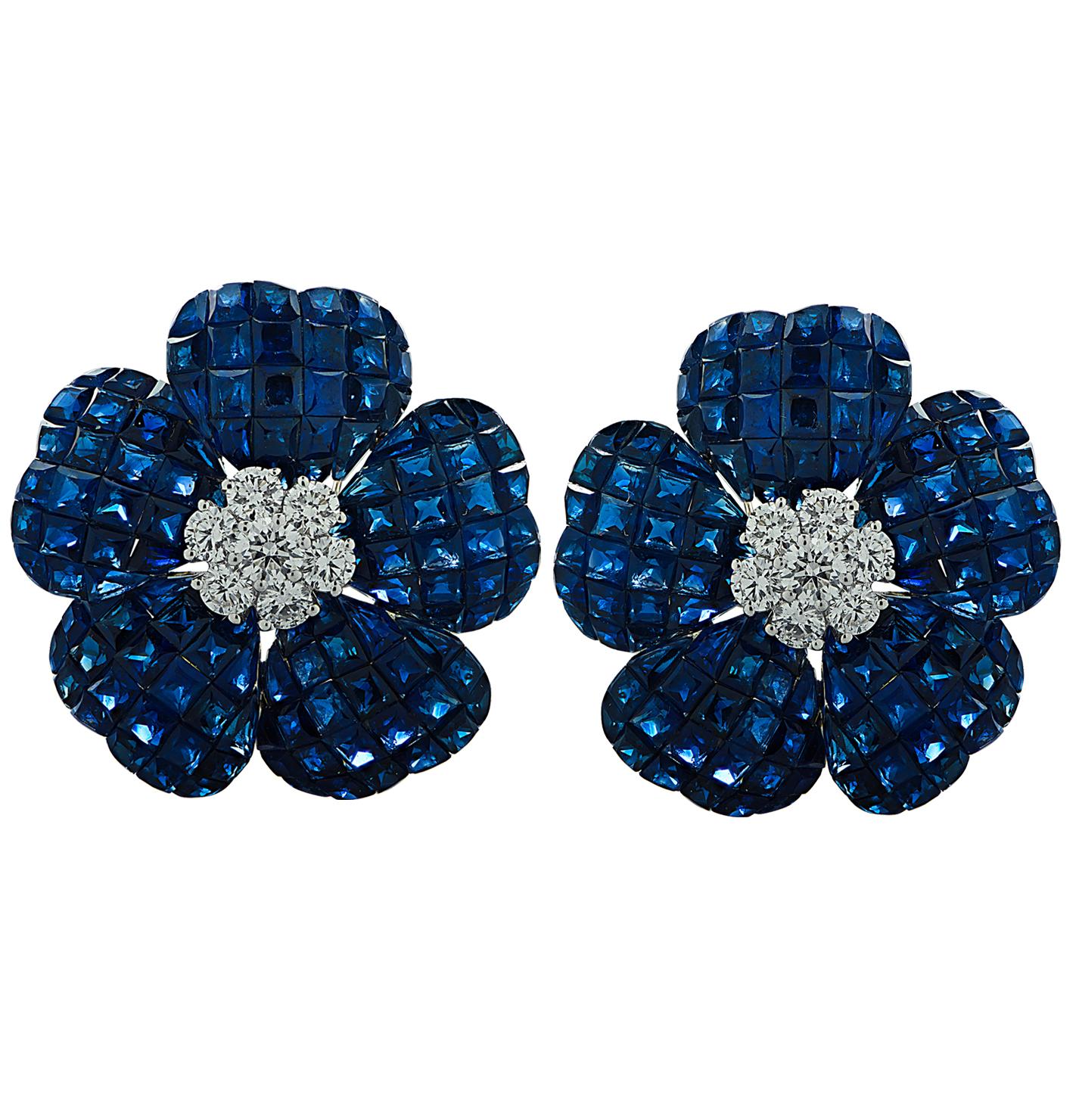 Modern Vivid Diamonds Sapphire and Diamond Flower Earrings For Sale