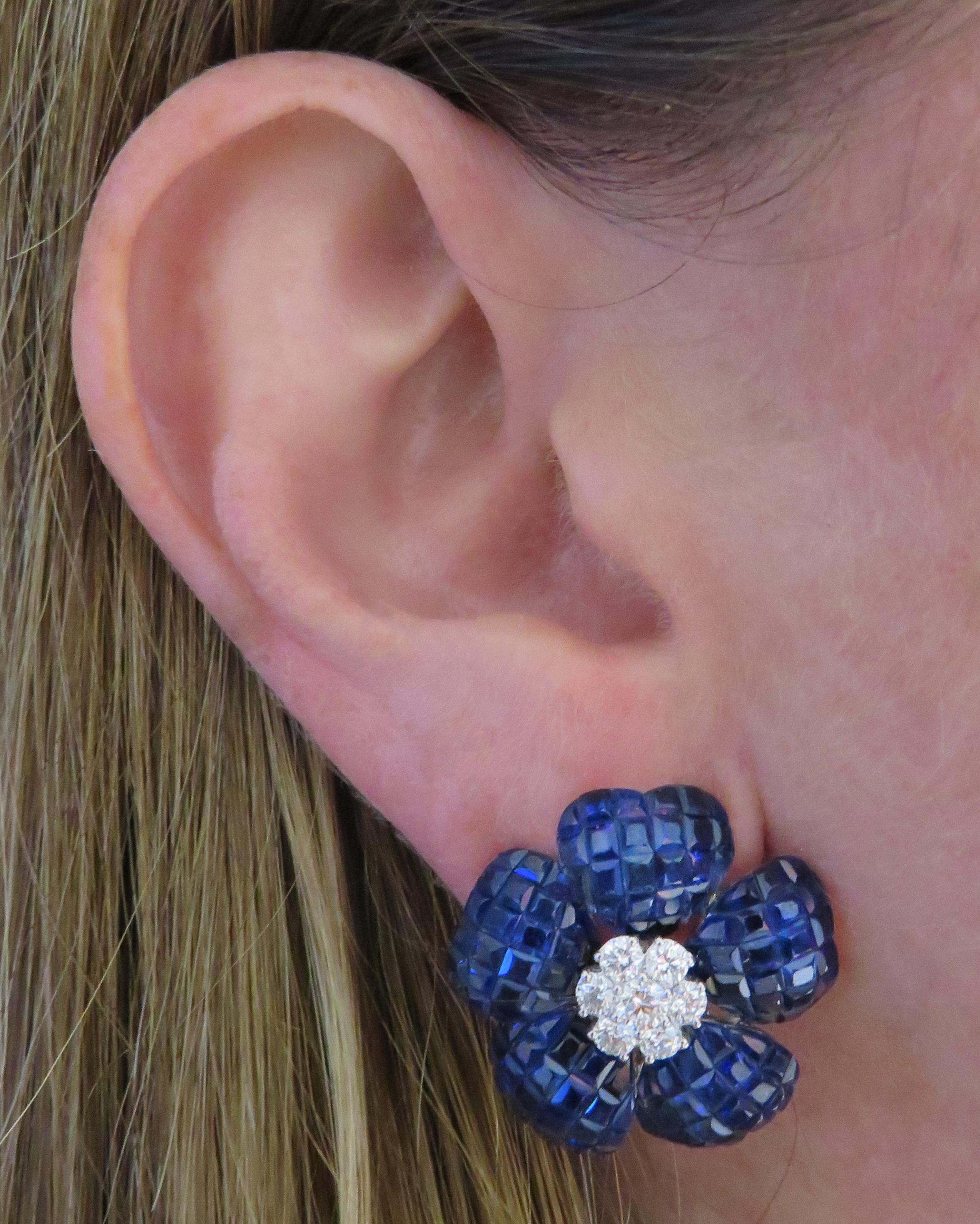 French Cut Vivid Diamonds Sapphire and Diamond Flower Earrings For Sale