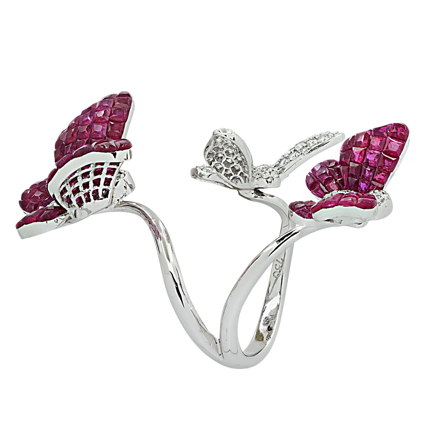 Modern Vivid Diamonds Three Butterfly Ring Ruby and Diamond Ring