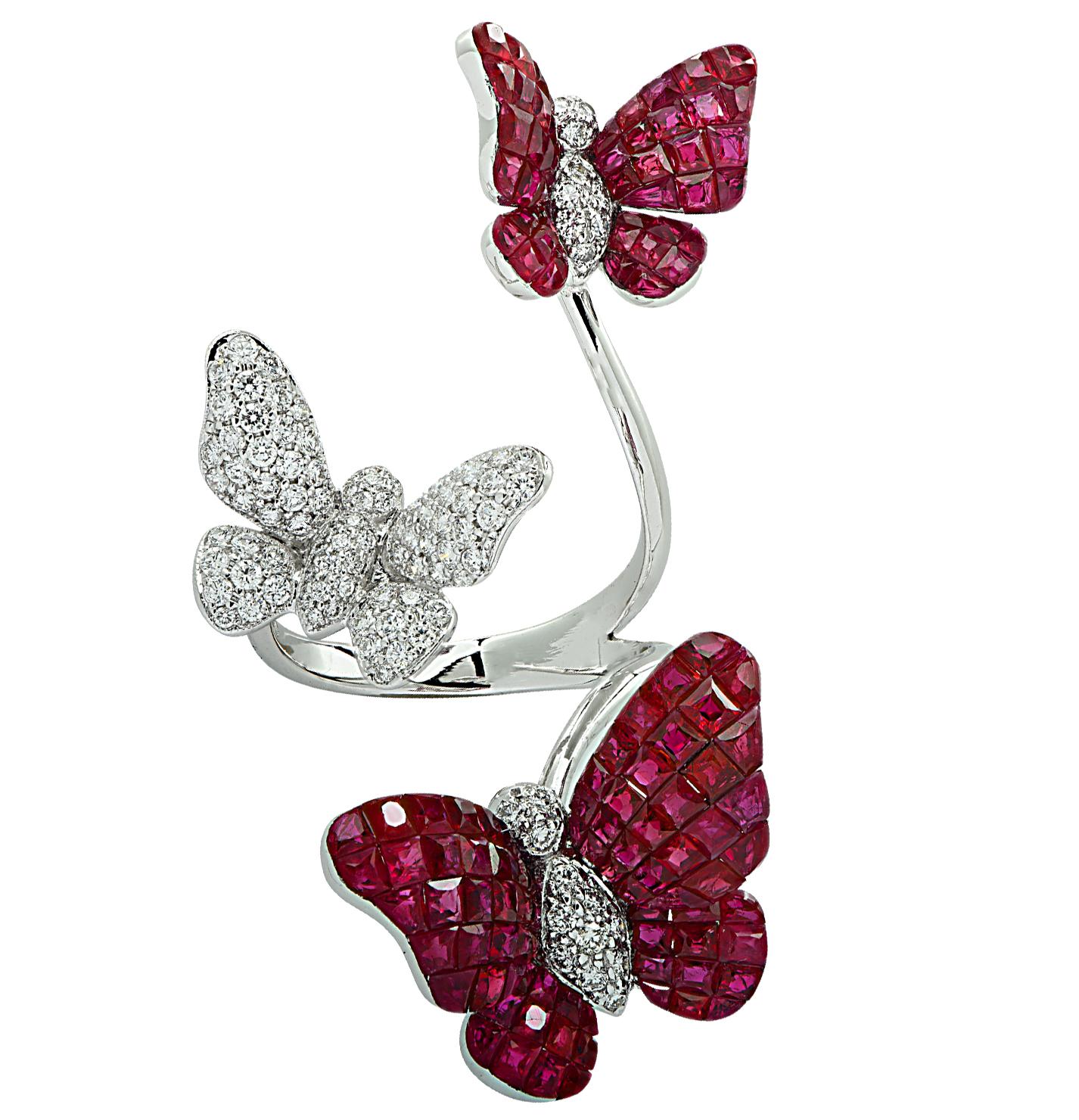 Women's Vivid Diamonds Three Butterfly Ring Ruby and Diamond Ring