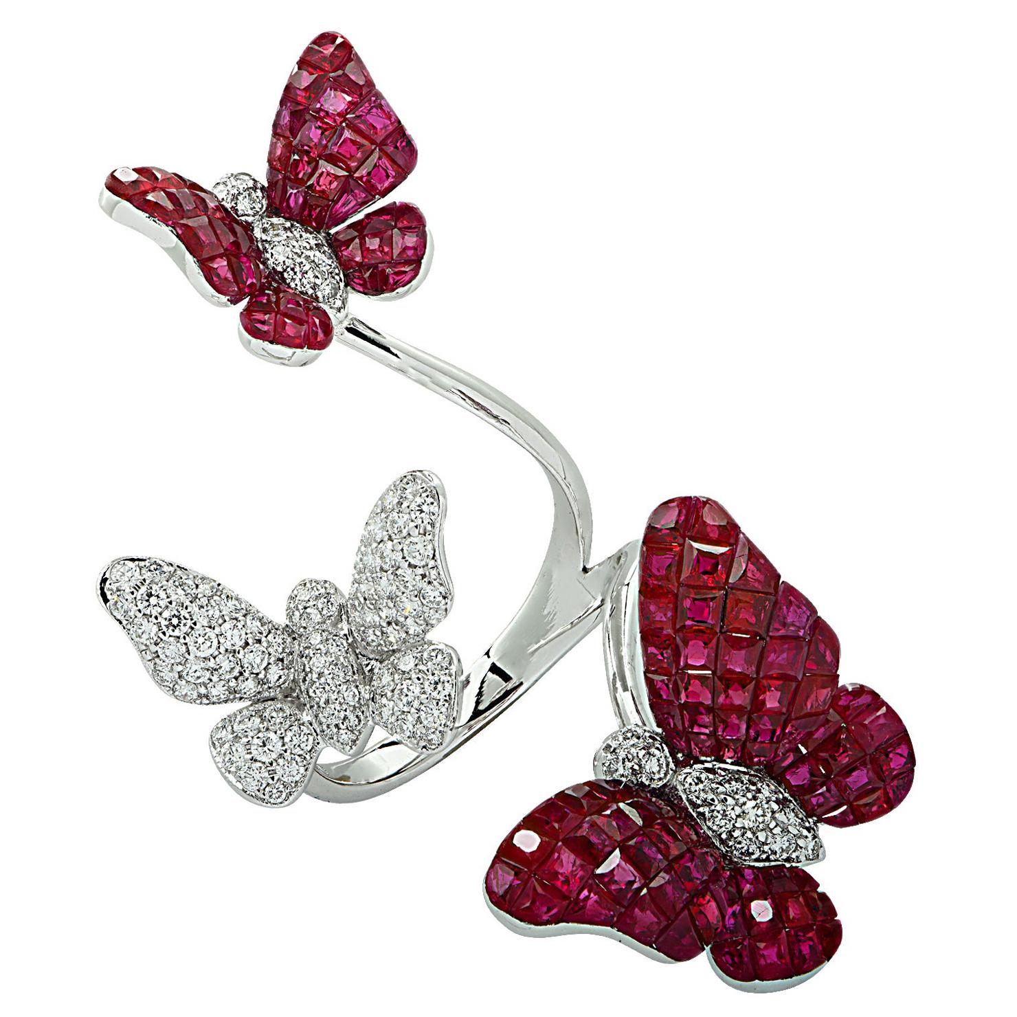 Vivid Diamonds Three Butterfly Ring Ruby and Diamond Ring