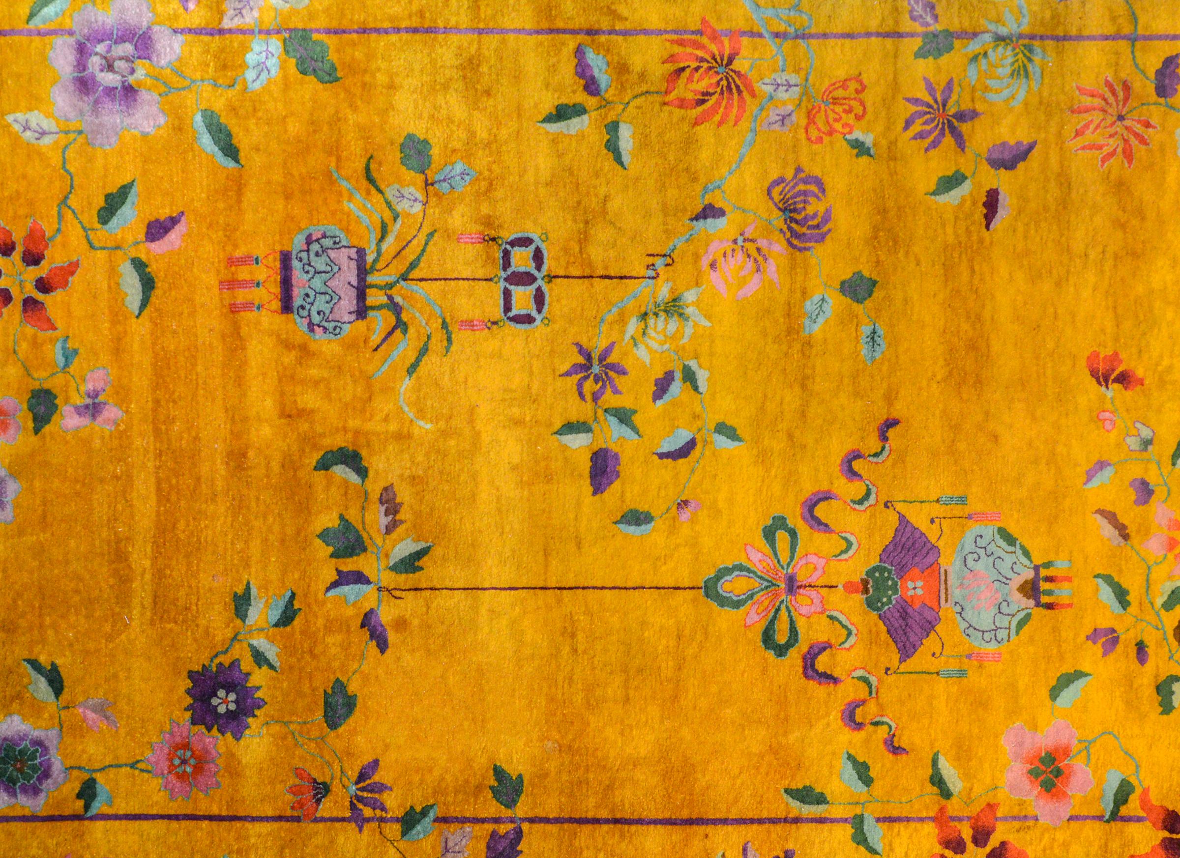 Vegetable Dyed Vivid Early 20th Century Chinese Art Deco Rug