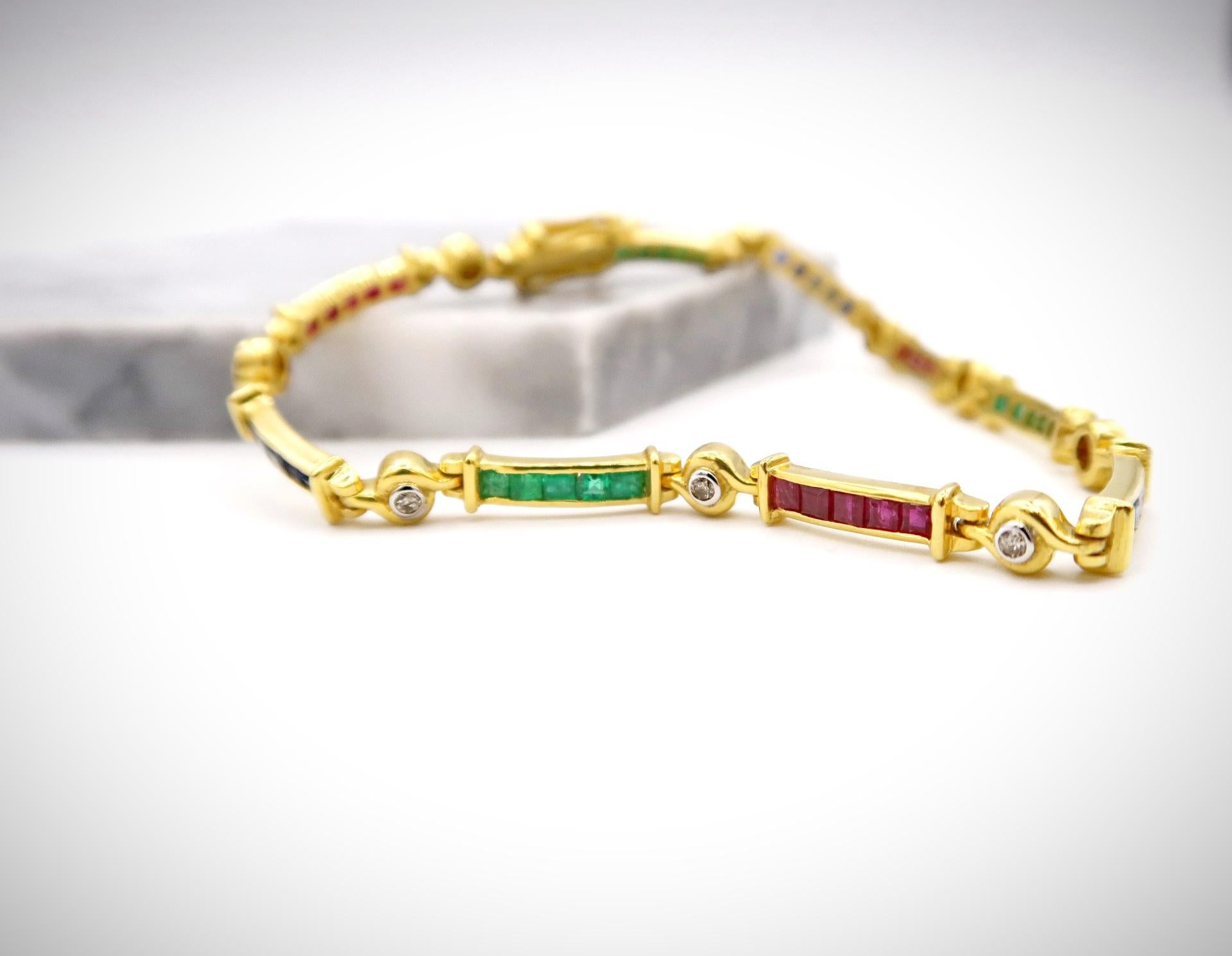 Vivid Emerald Ruby Blue Sapphire Link Bracelet with Diamonds in 18K Yellow Gold In New Condition For Sale In Bangkok, TH