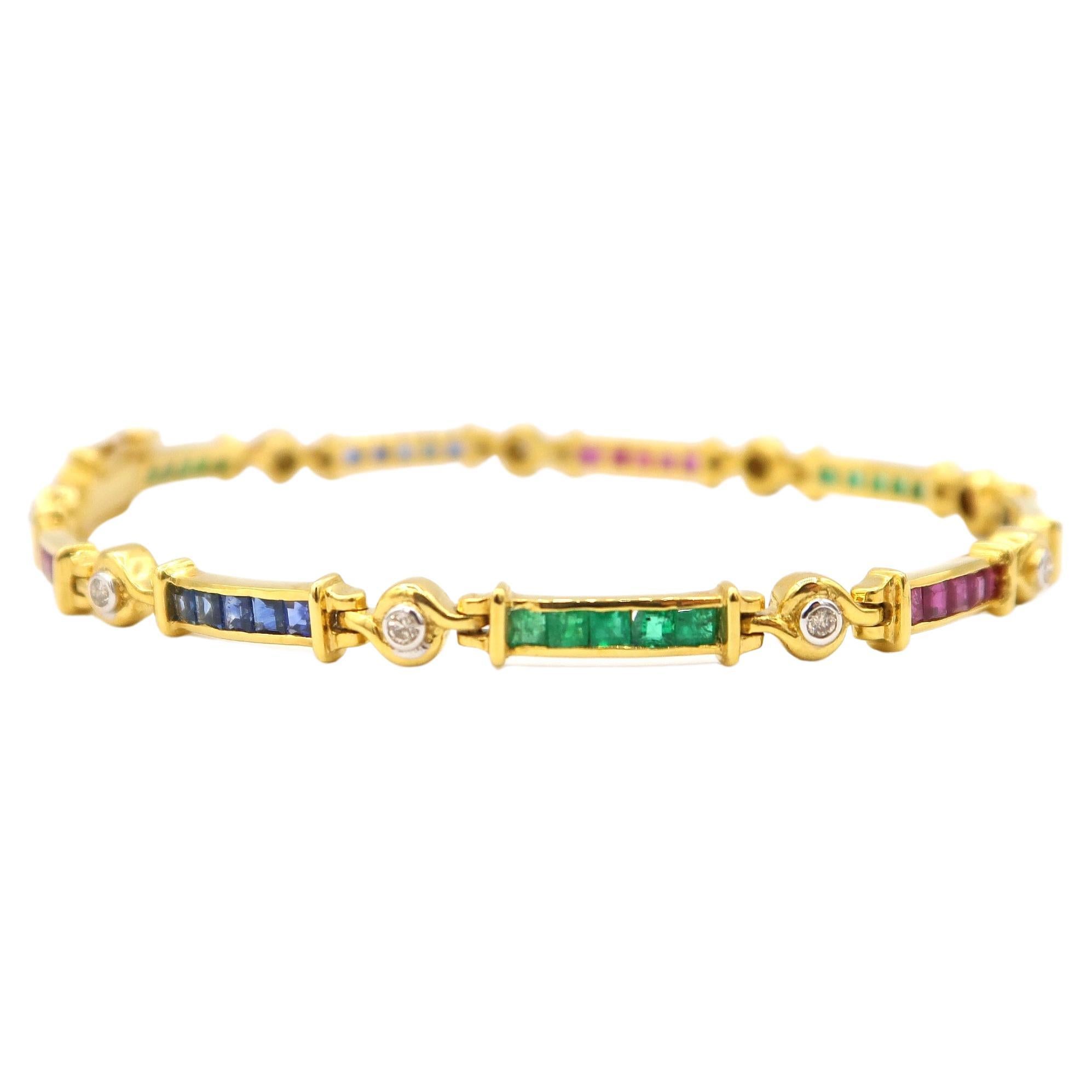 Vivid Emerald Ruby Blue Sapphire Link Bracelet with Diamonds in 18K Yellow Gold For Sale