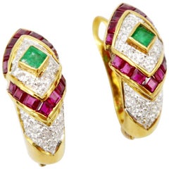 Vivid Emerald Ruby Diamond Cascading Square Huggie Earrings in 18 Karat Gold