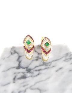 Vivid Emerald Ruby Diamond Cascading Square Huggie Earrings in 18 Karat Gold