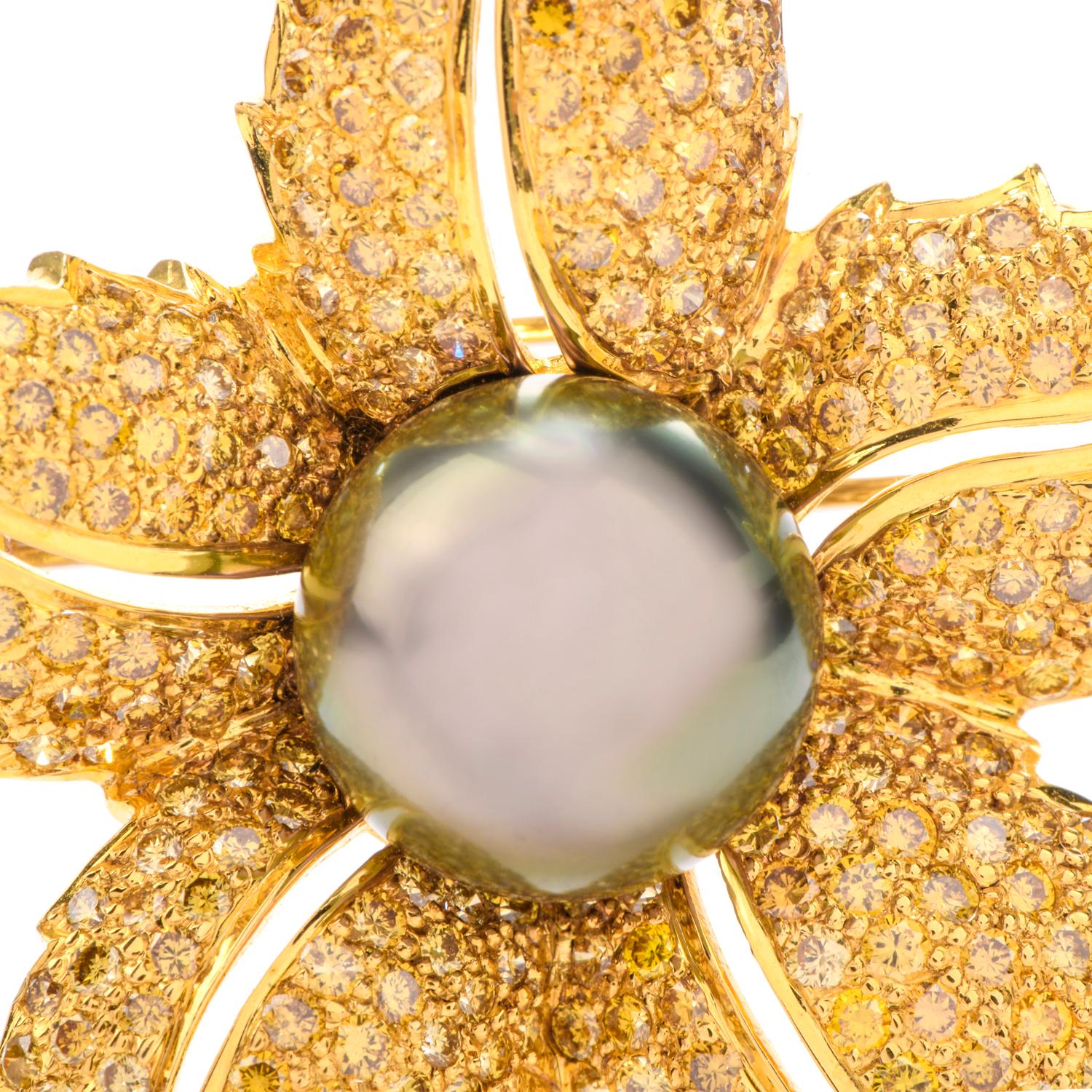 Round Cut Vivid Fancy Yellow Diamond Black Tahitian Pearl 18 Karat Yellow Gold Brooch Pin