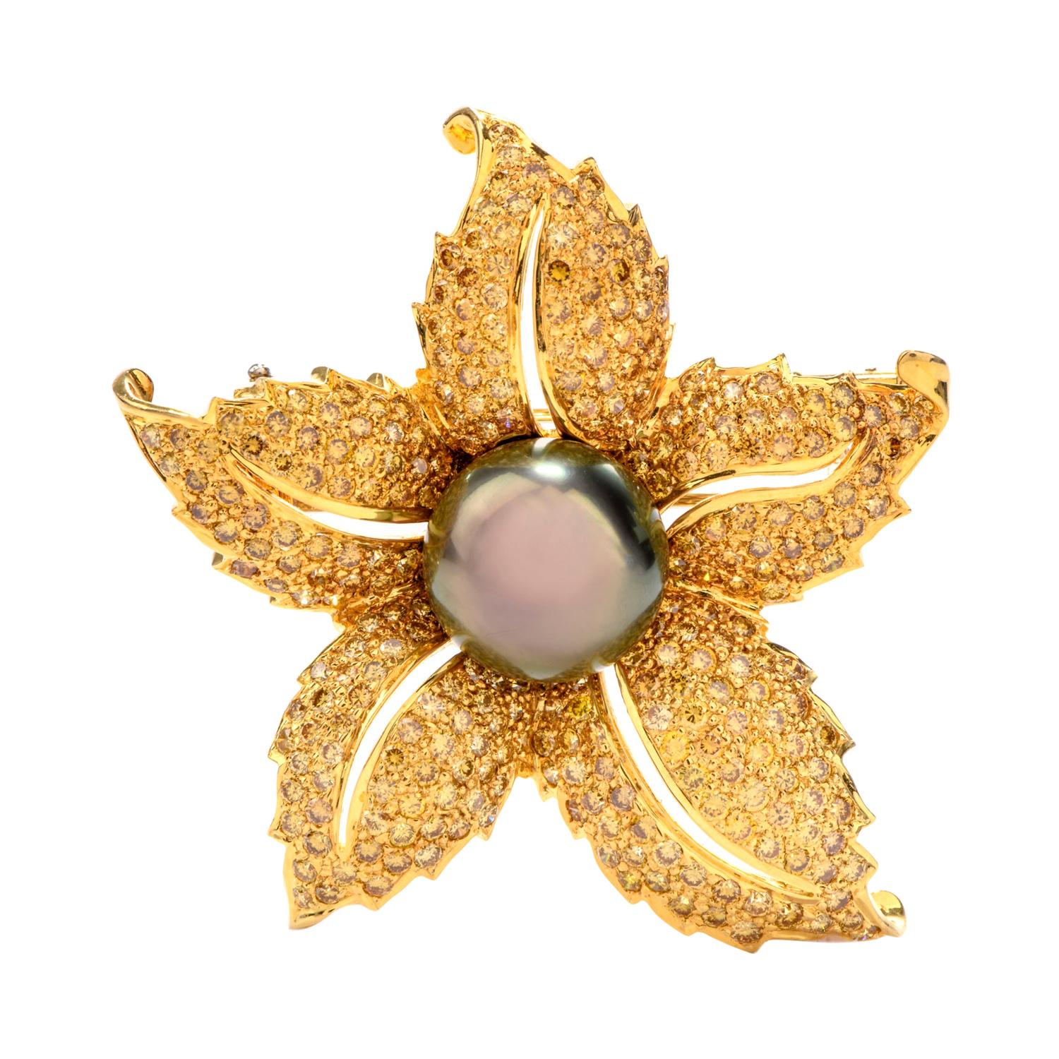 Vivid Fancy Yellow Diamond Black Tahitian Pearl 18 Karat Yellow Gold Brooch Pin