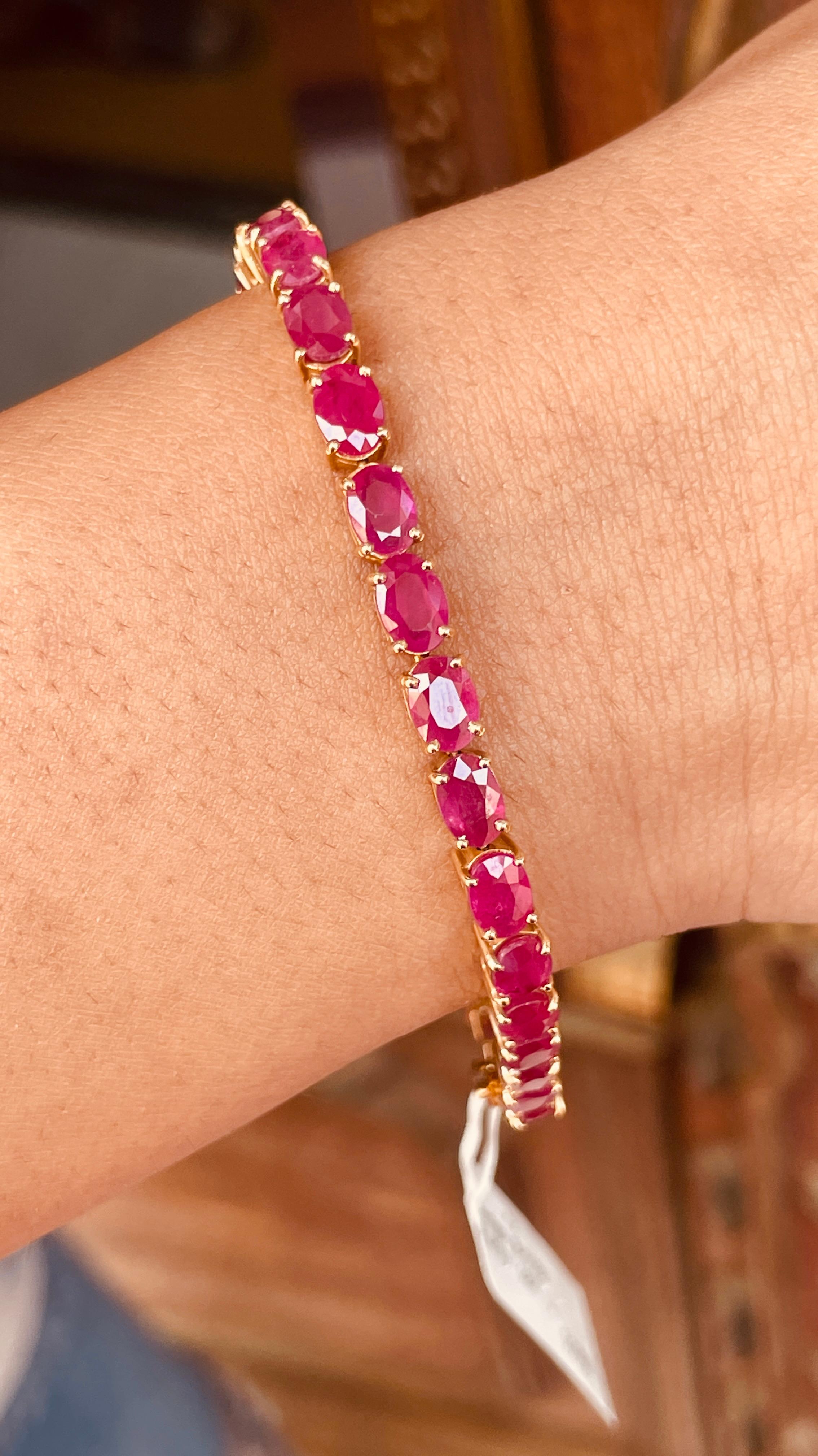 Vivid Gemstone Pink Ruby Tennis Bracelet in 18K Solid Yellow Gold For Sale 2