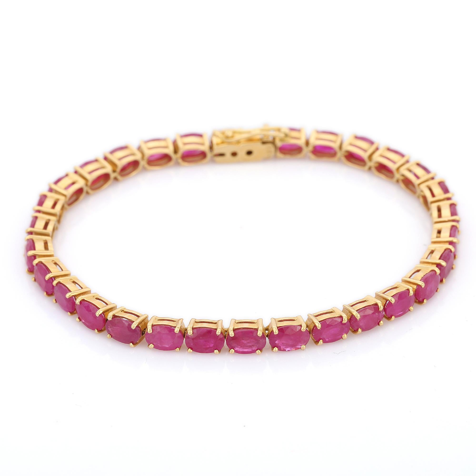 Modernist Vivid Gemstone Pink Ruby Tennis Bracelet in 18K Solid Yellow Gold For Sale