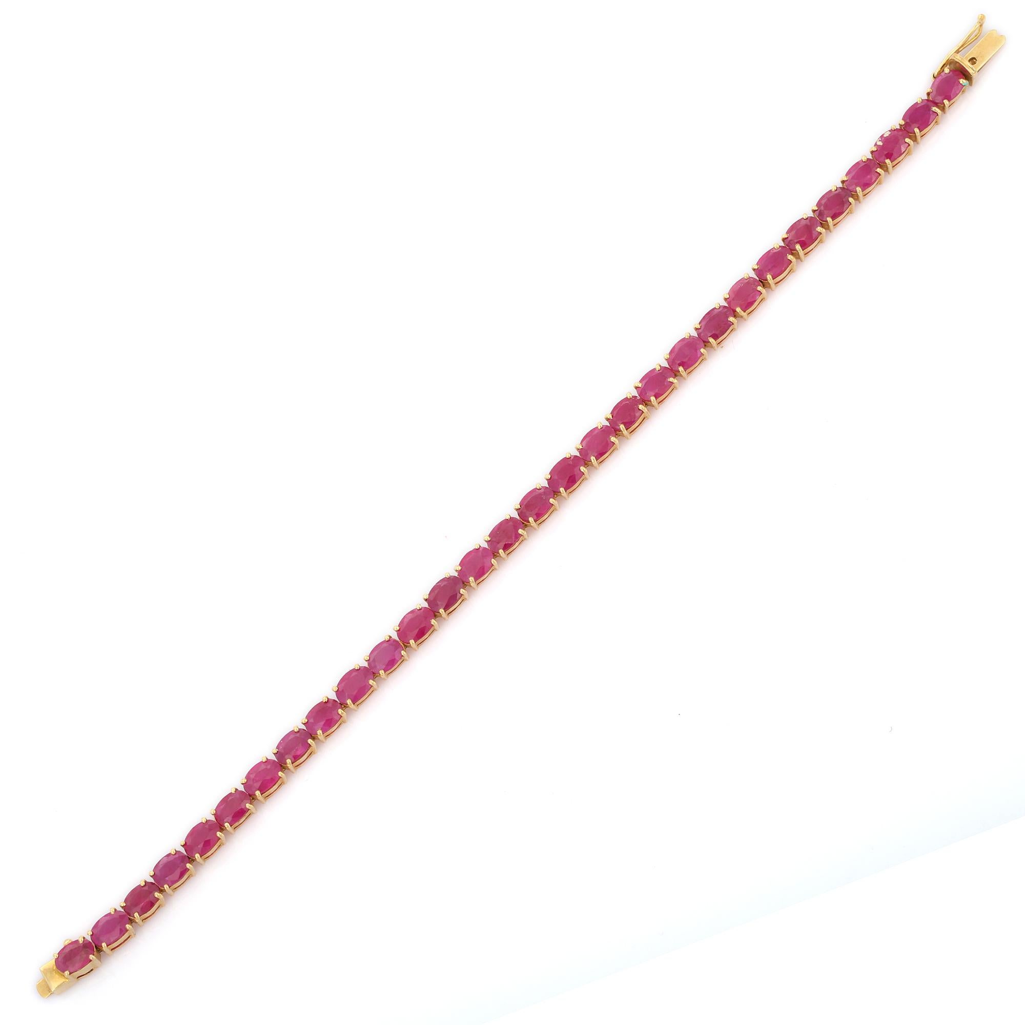 Vivid Gemstone Pink Ruby Tennis Bracelet in 18K Solid Yellow Gold In New Condition For Sale In Houston, TX