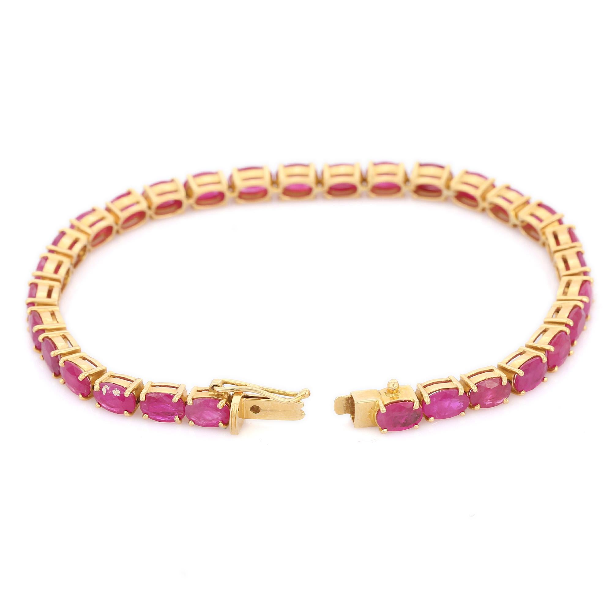 Vivid Gemstone Pink Ruby Tennis Bracelet in 18K Solid Yellow Gold For Sale 1